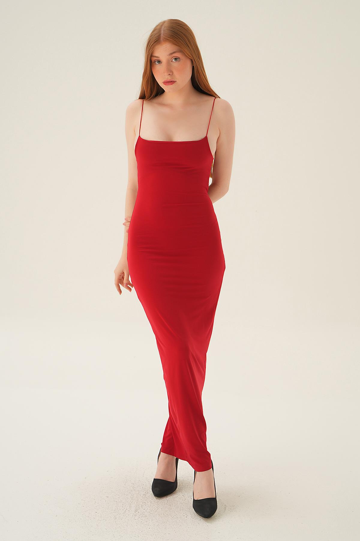 1002 Askılı Kare Yaka Elbise Kırmızı - 6