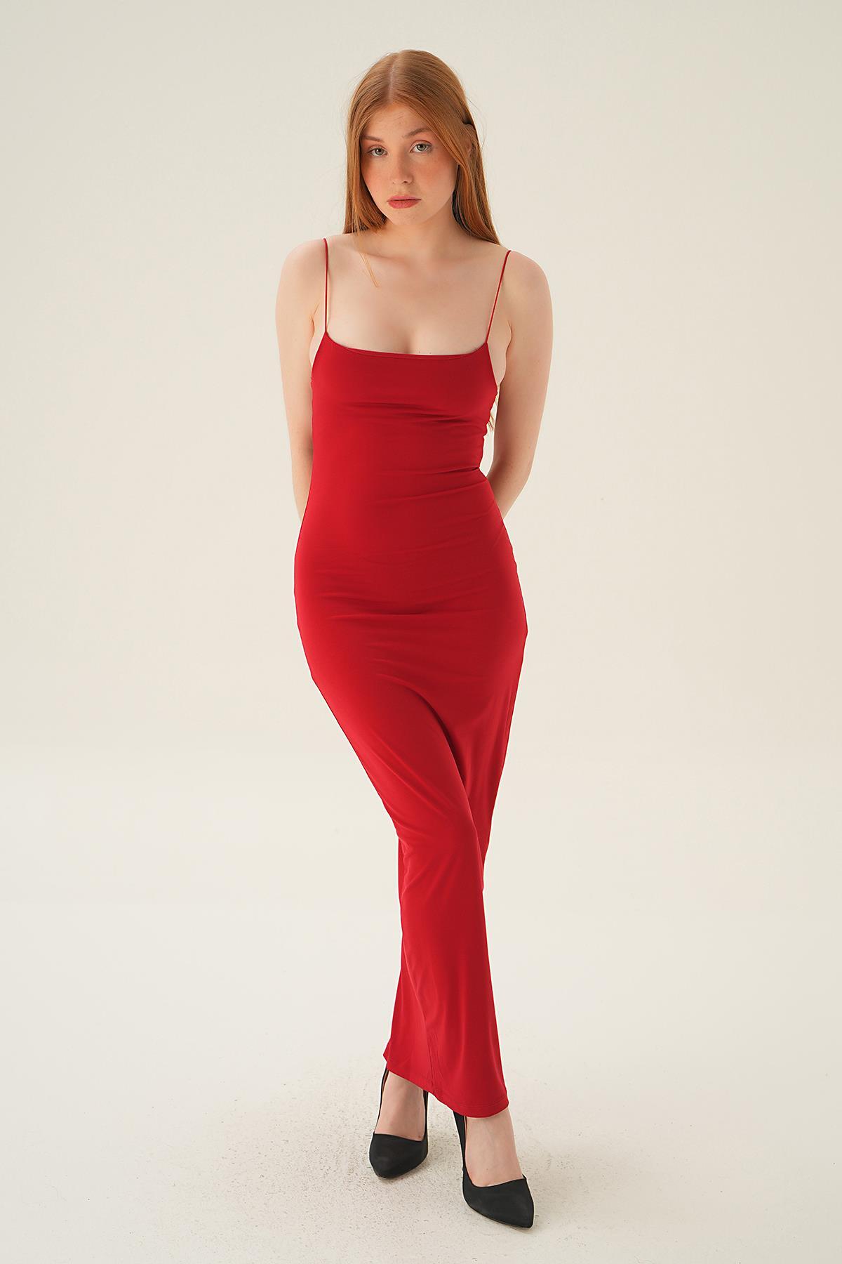 Kırmızı Askılı Kare Yaka Elbise 1002 