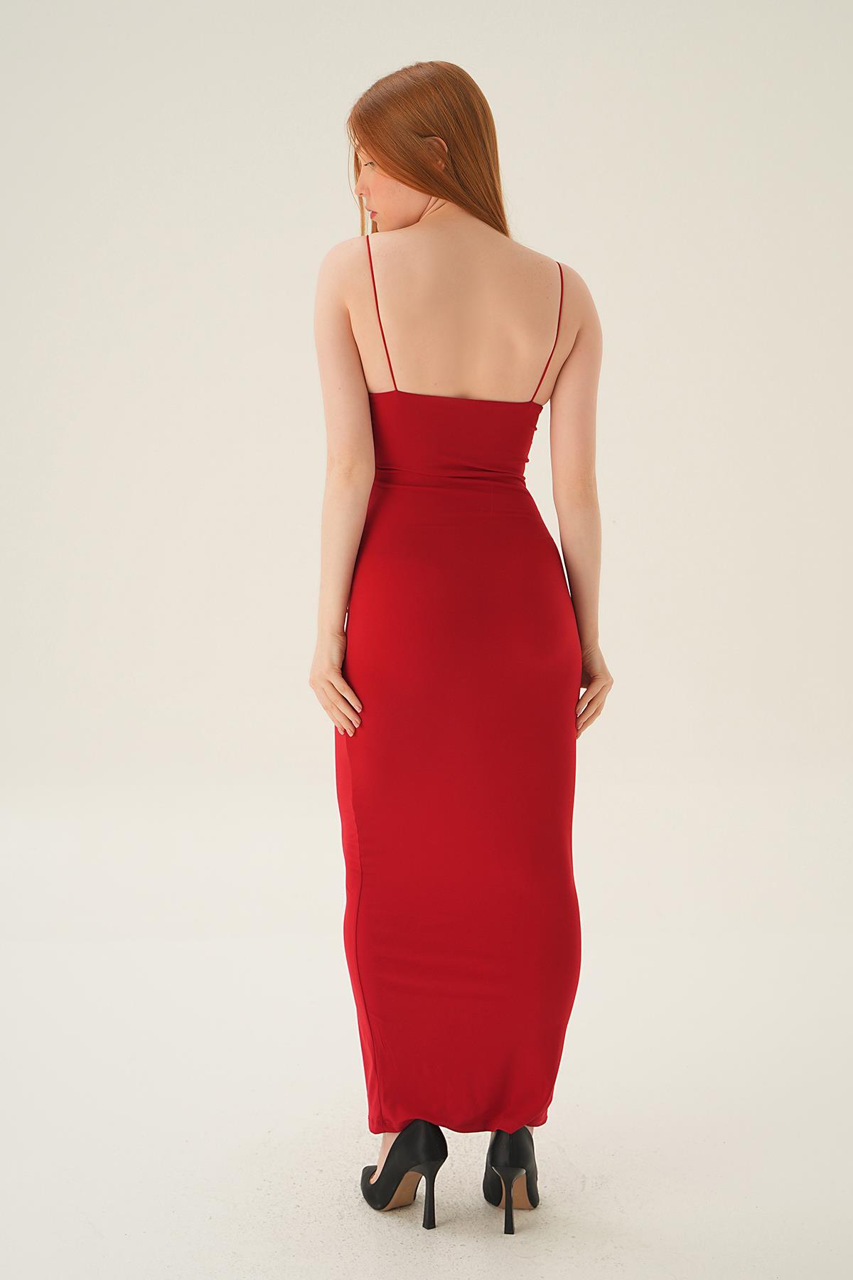 Kırmızı Askılı Kare Yaka Elbise 1002 - 4