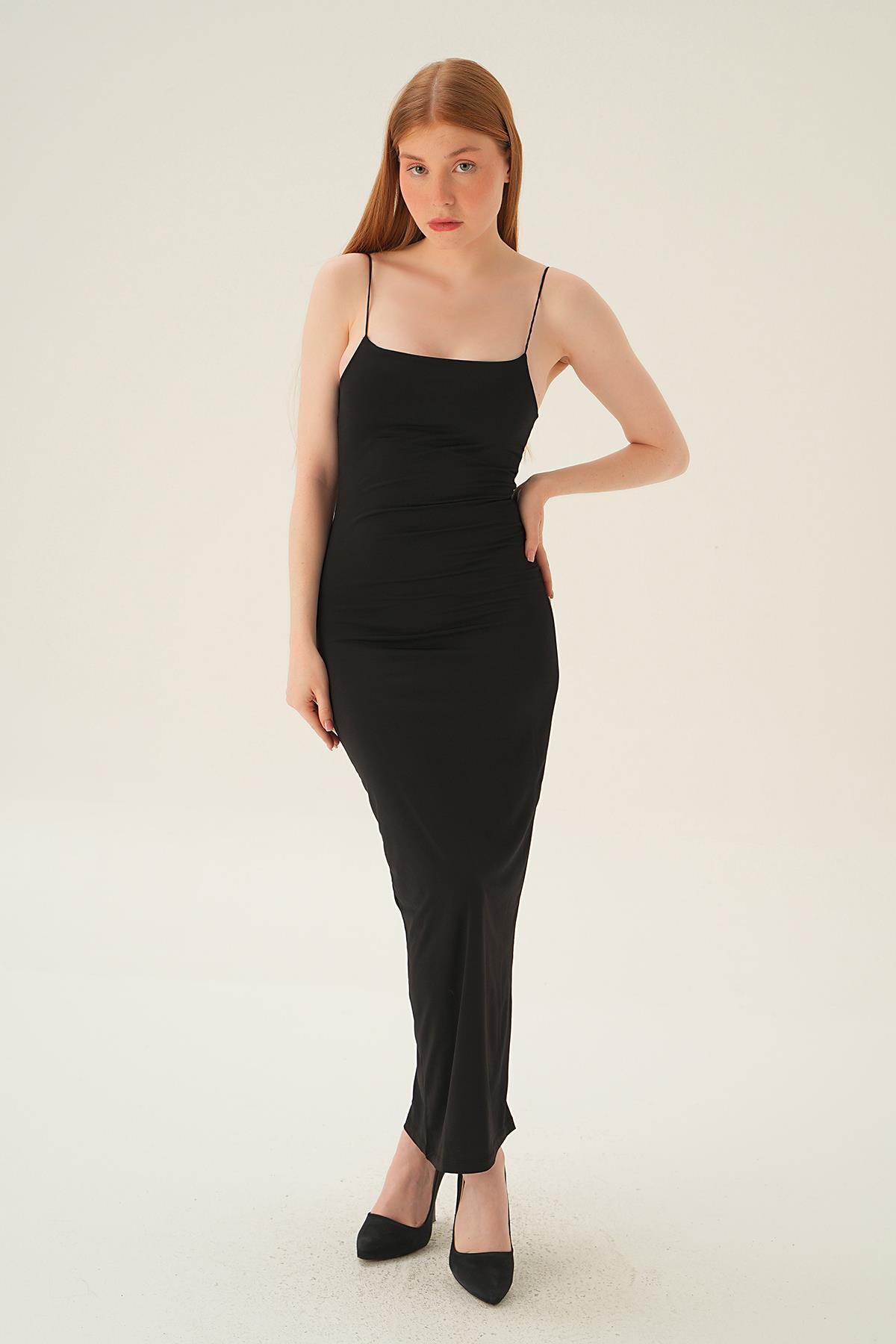 1002 Askılı Kare Yaka Elbise Siyah 