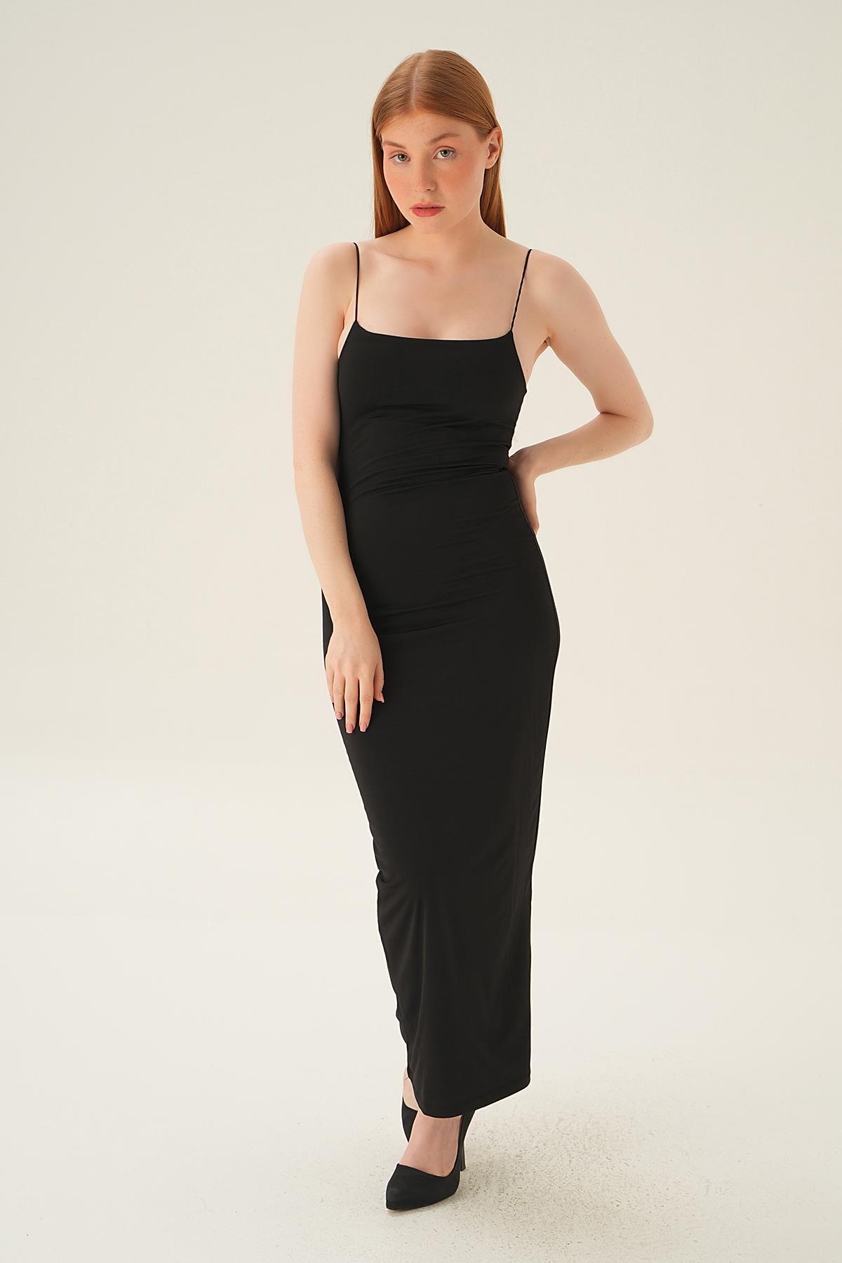 1002 Askılı Kare Yaka Elbise Siyah - 5