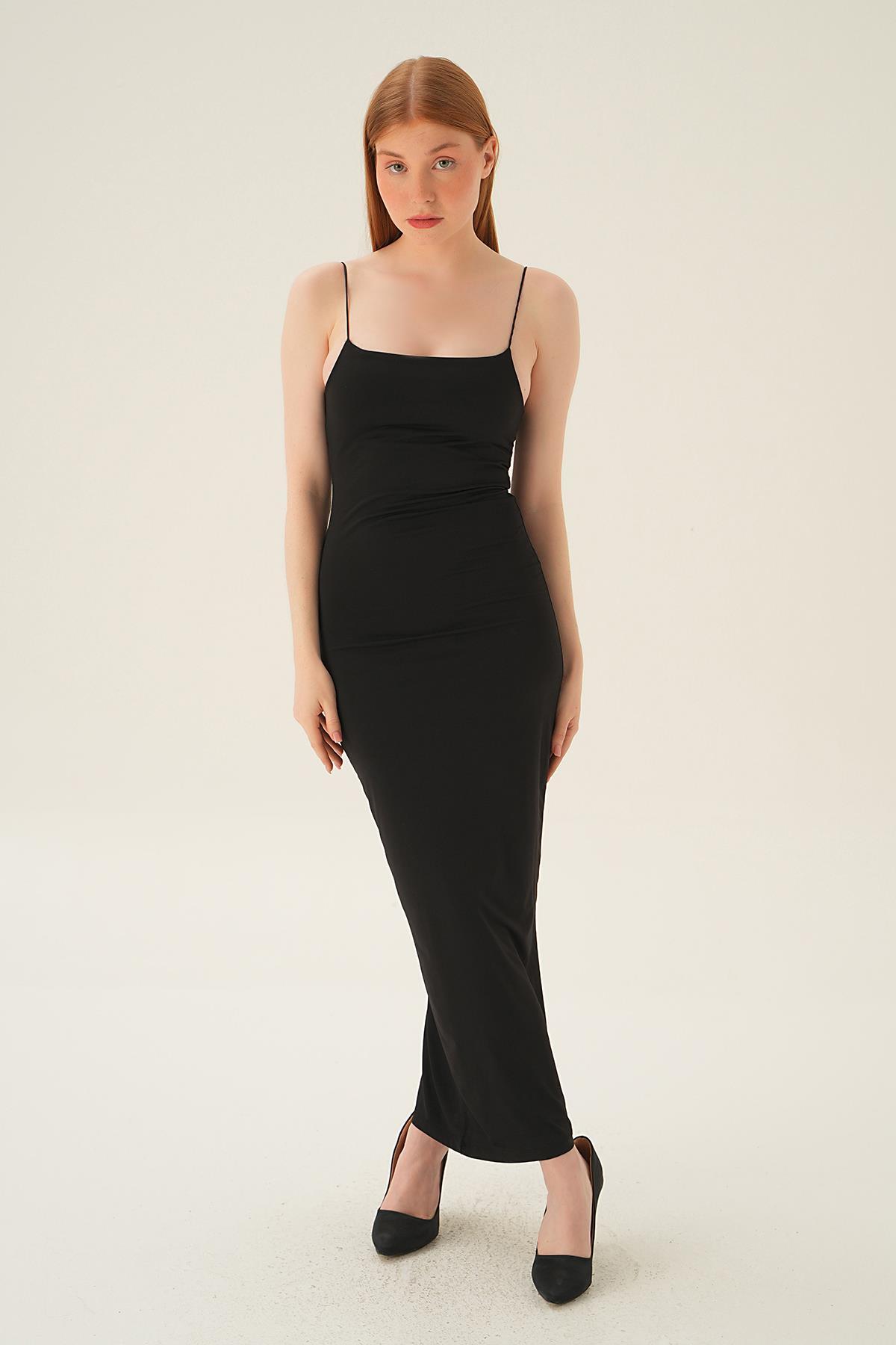 Siyah Askılı Kare Yaka Elbise 1002 - 4