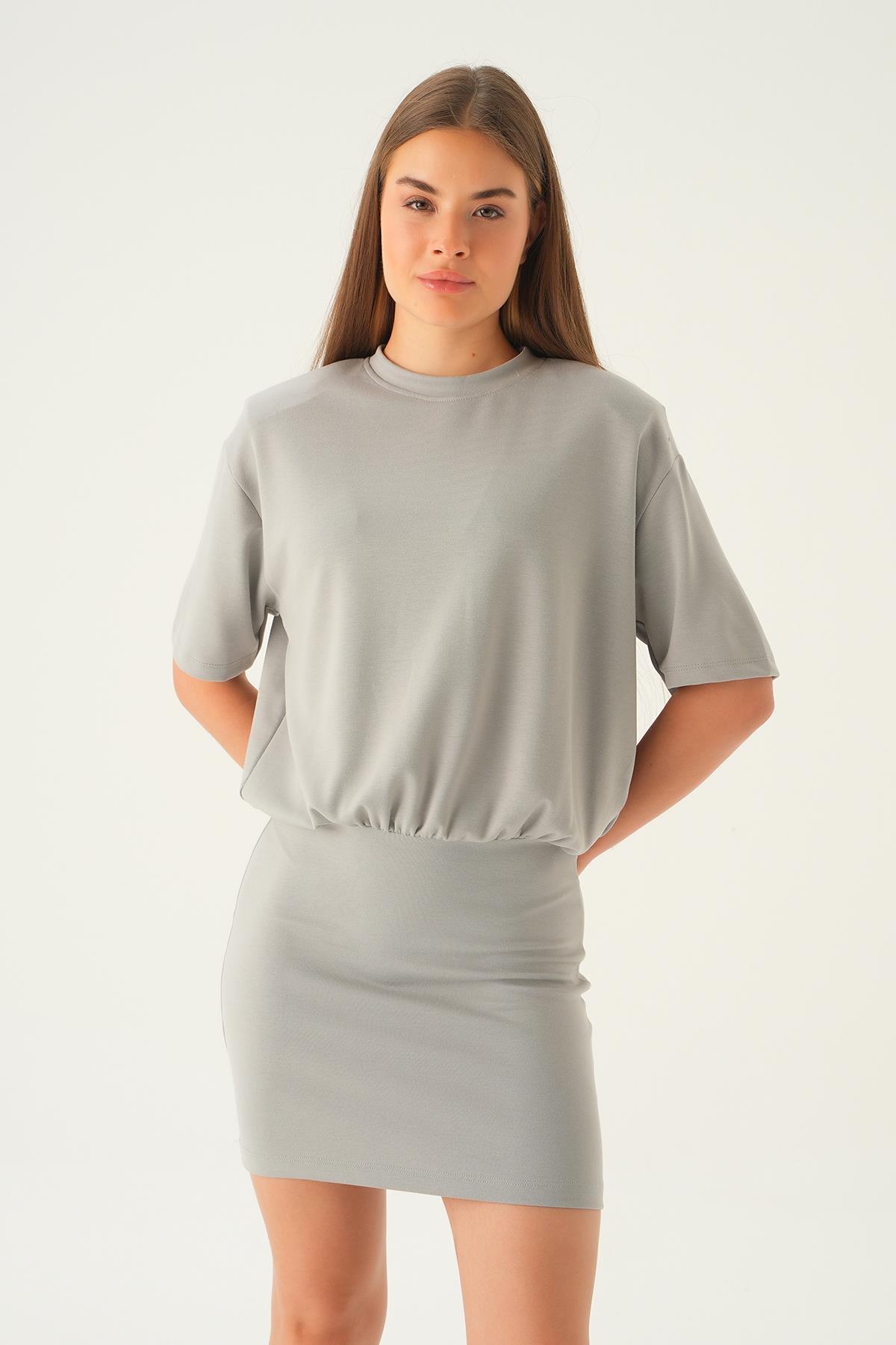 1004 Vatka Detay Elbise Gri - 2