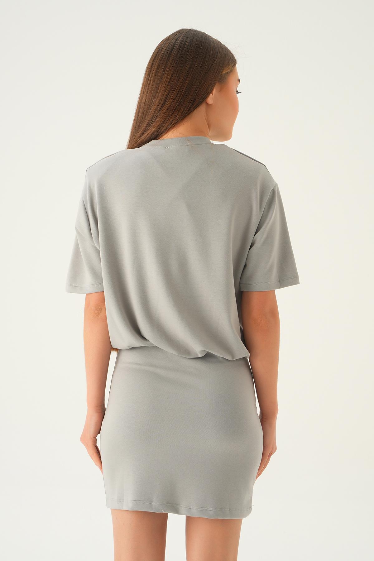 1004 Vatka Detay Elbise Gri - 5