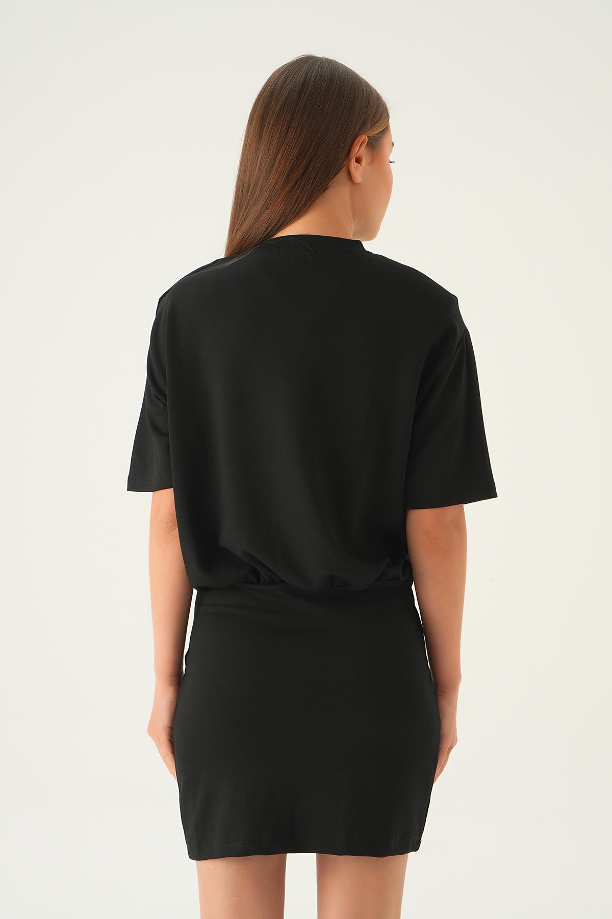 1004 Vatka Detay Elbise Siyah - 5