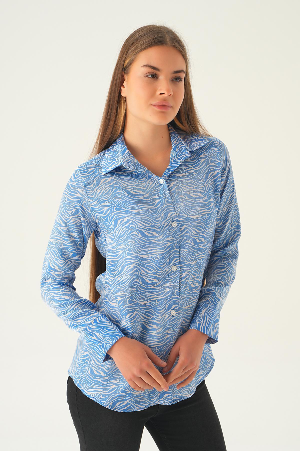 1004 Zebra Desen Gömlek Mavi - 4