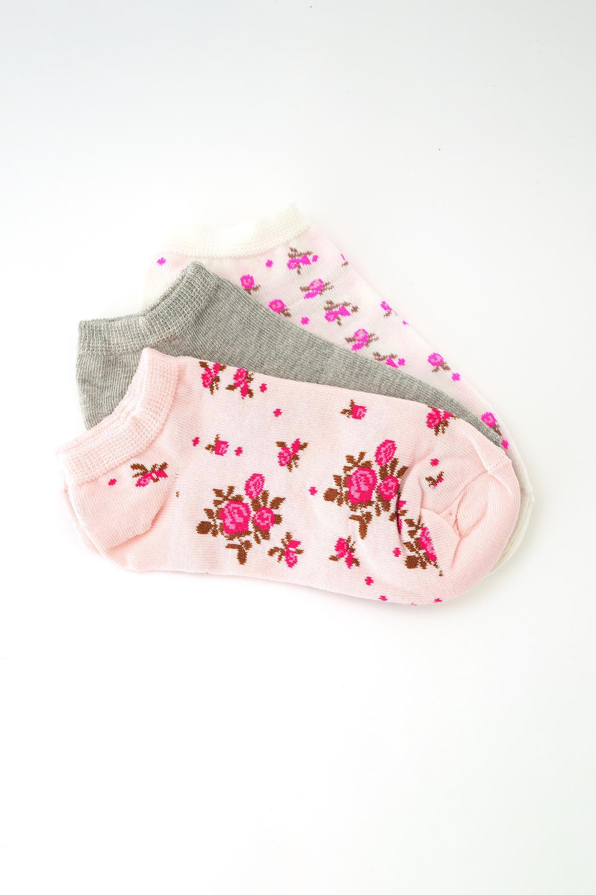 Renkli Çiçek Desen 3'Lü Patik Çorap 1005 