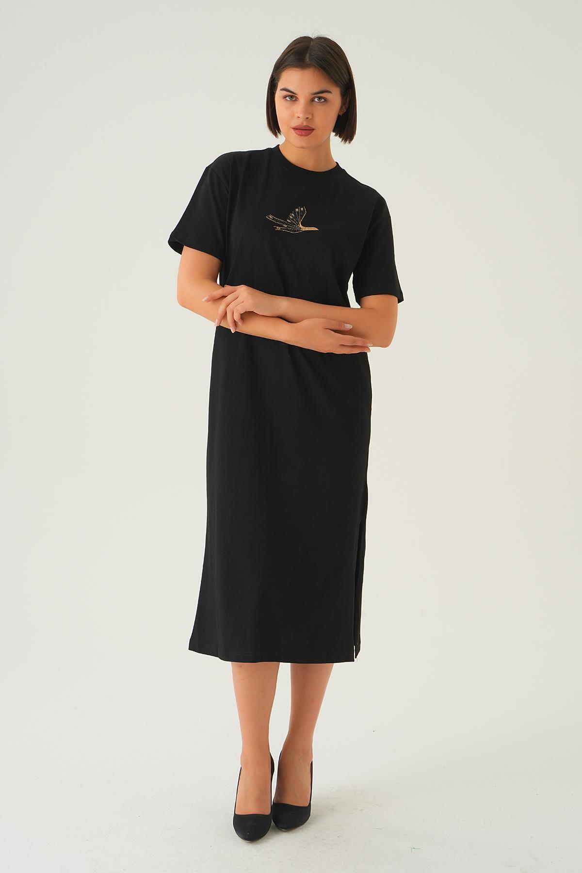 1006 Kuş Nakışlı Elbise Siyah - 2
