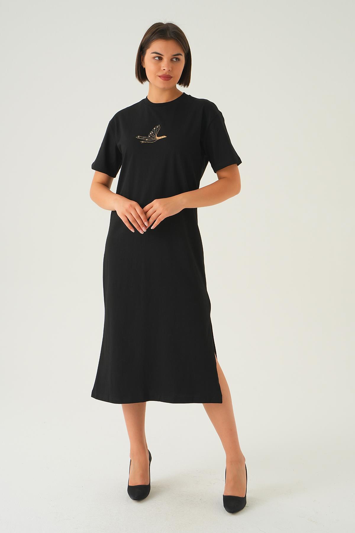 1006 Kuş Nakışlı Elbise Siyah 