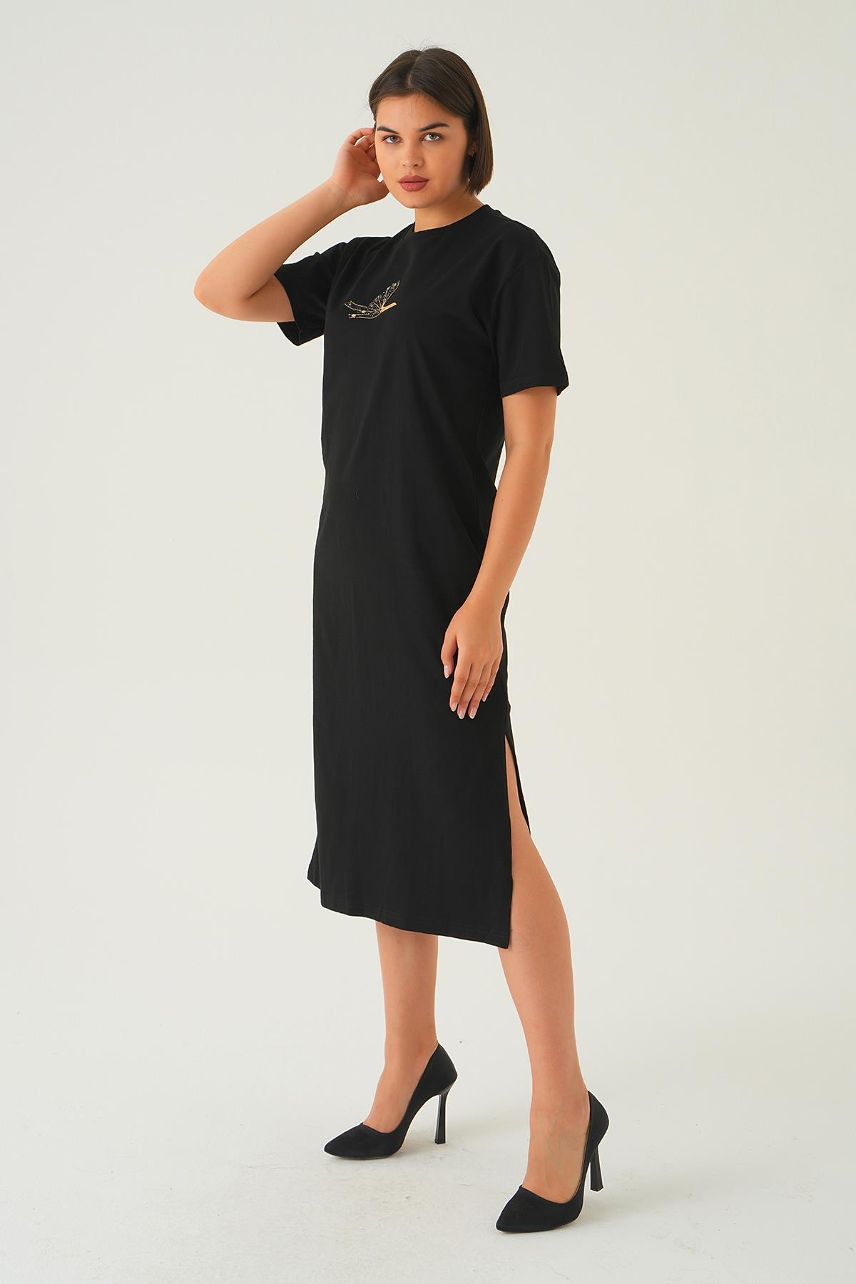 1006 Kuş Nakışlı Elbise Siyah - 4