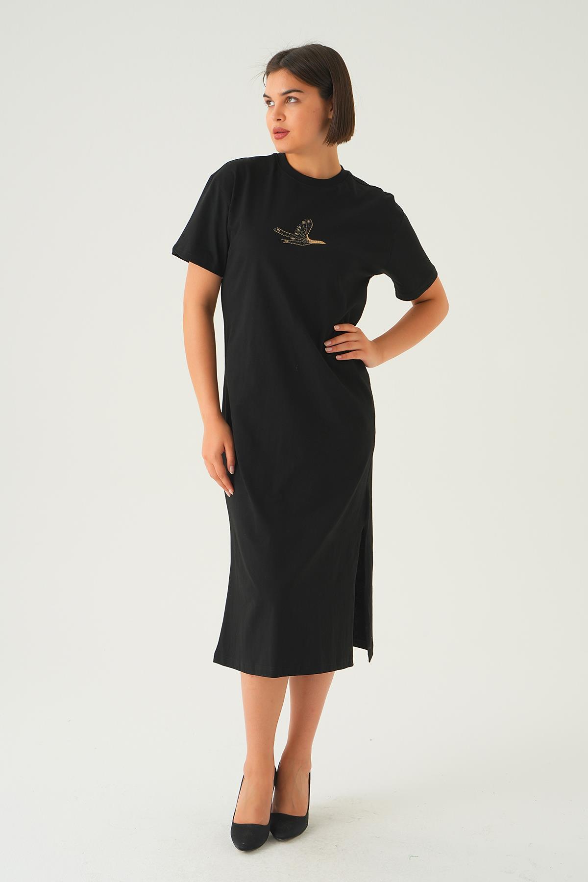 Siyah Kuş Nakışlı Elbise 1006 - 3