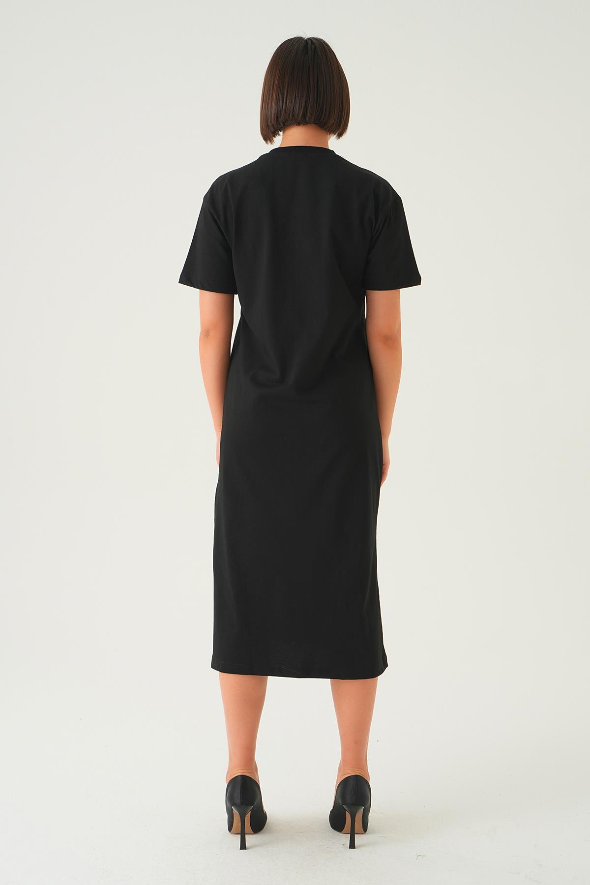 Siyah Kuş Nakışlı Elbise 1006 - 5