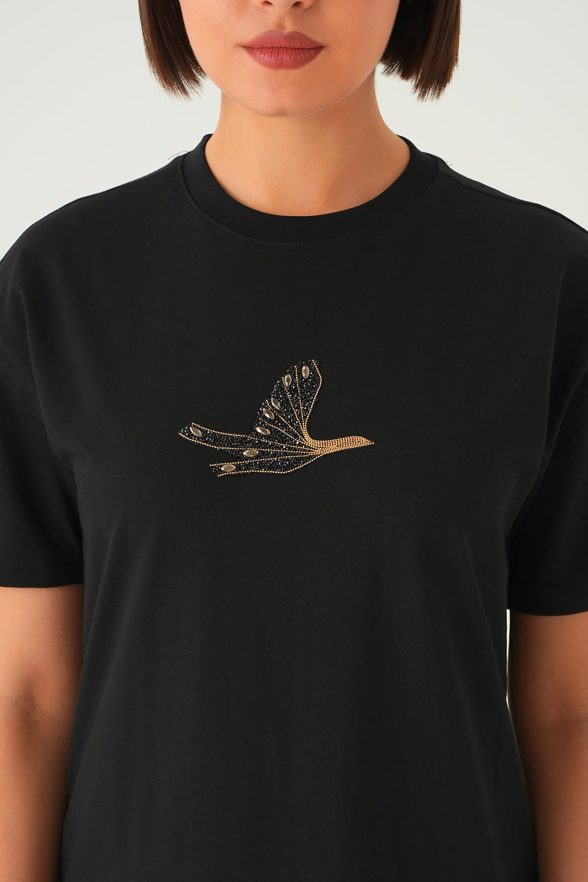 Siyah Kuş Nakışlı Elbise 1006 - 6