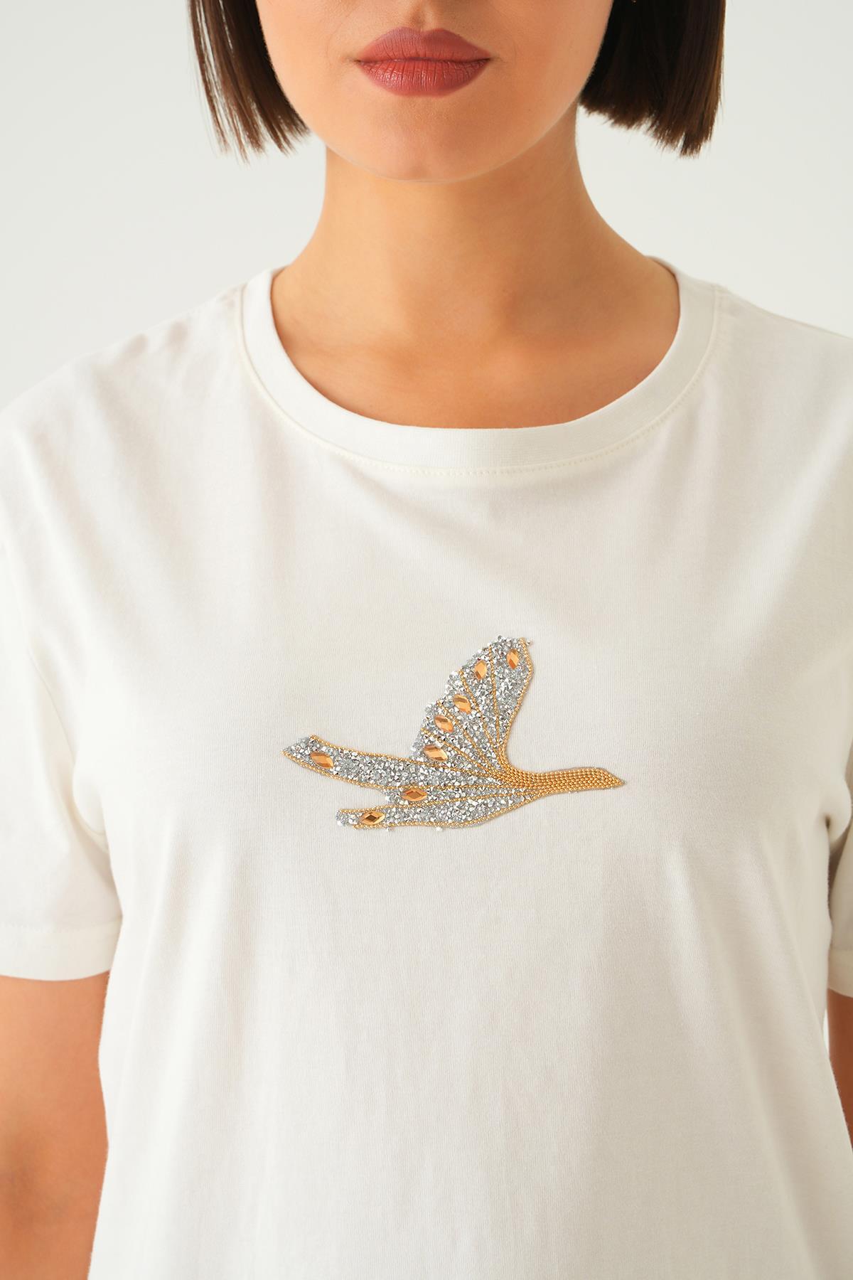 1007 Kuş Nakış Detay Tişört Beyaz - 5