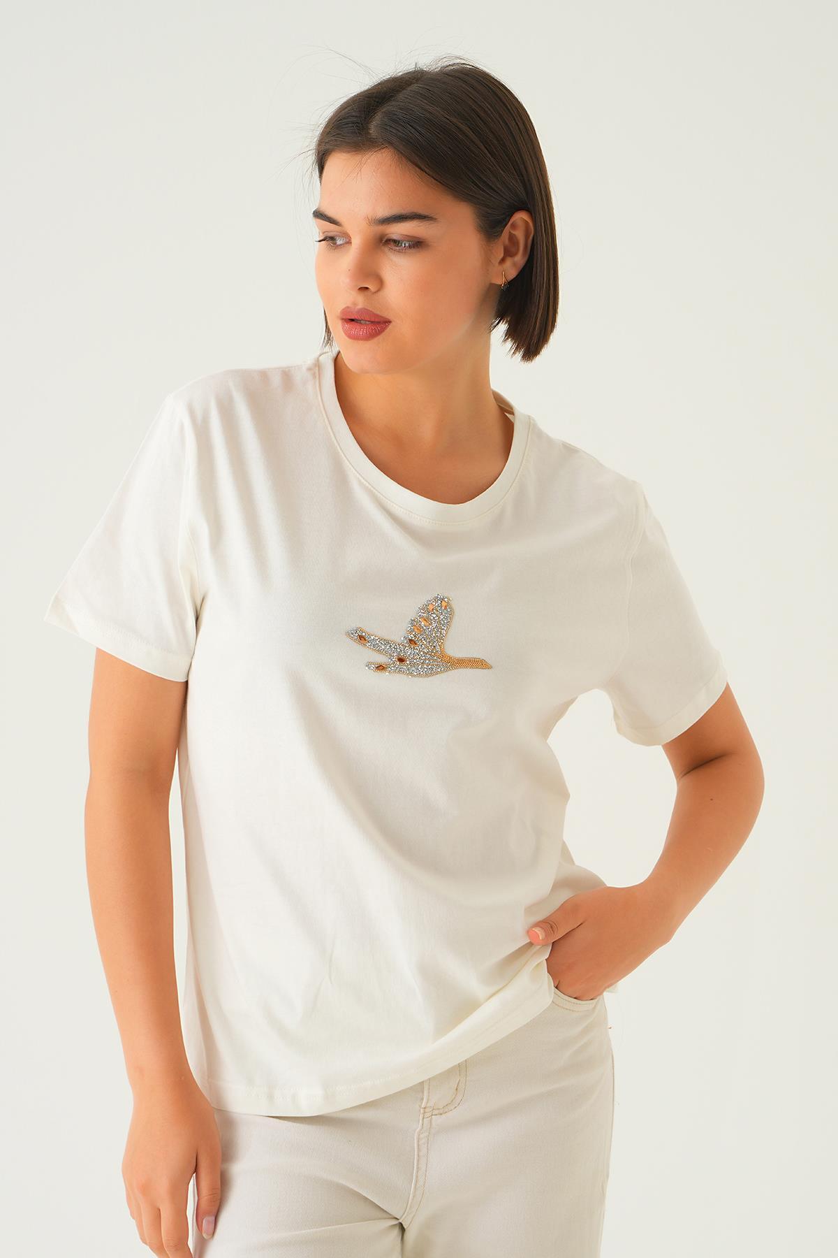 Beyaz Kuş Nakış Detay Tişört 1007 - 1
