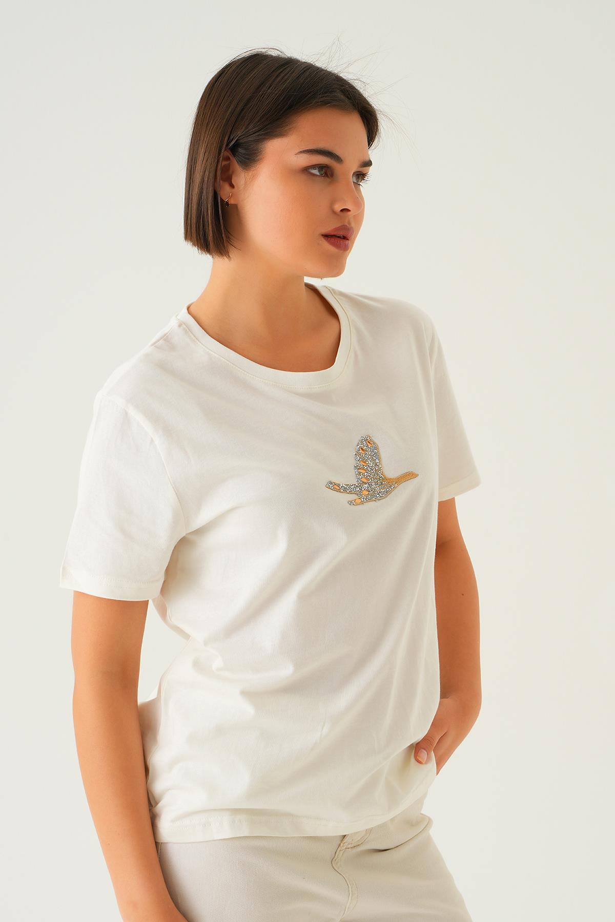 Beyaz Kuş Nakış Detay Tişört 1007 - 2