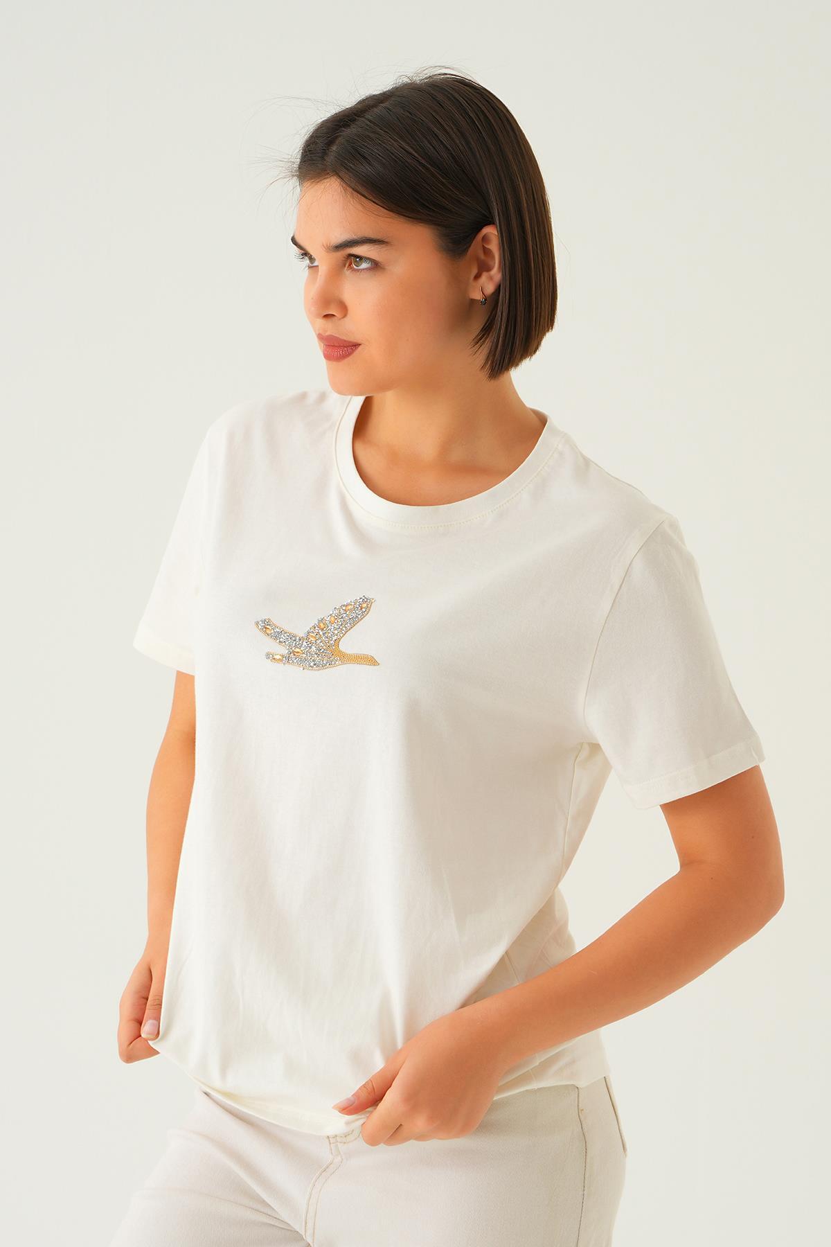 Beyaz Kuş Nakış Detay Tişört 1007 - 3