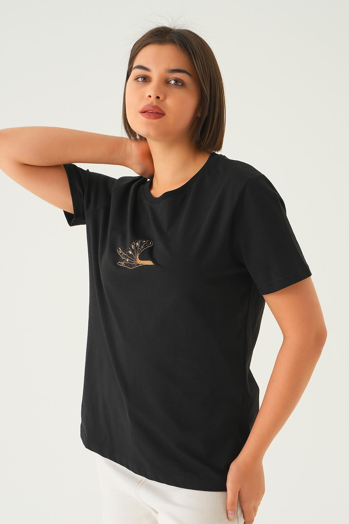 Siyah Kuş Nakış Detay Tişört 1007 - 4