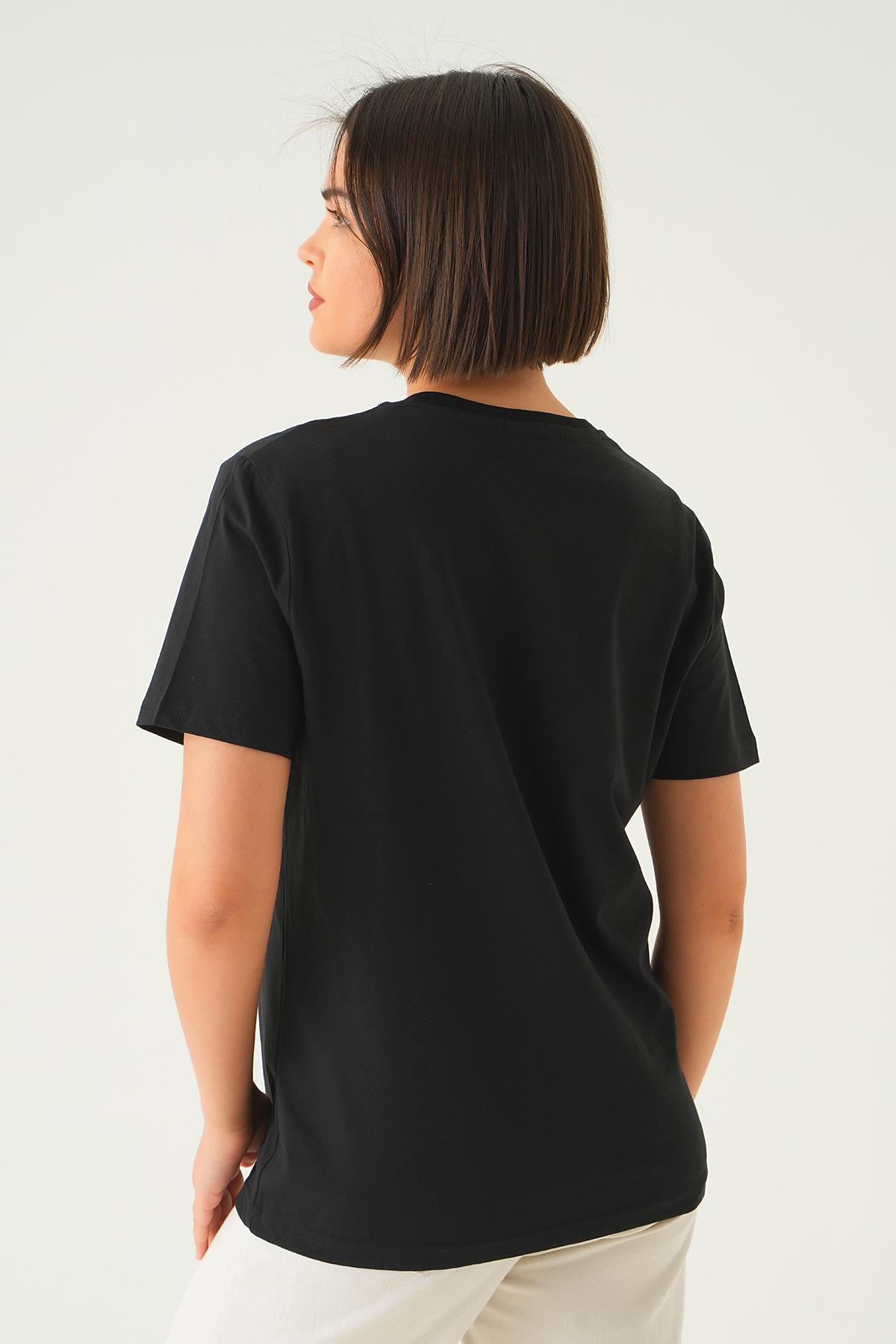 Siyah Kuş Nakış Detay Tişört 1007 - 5