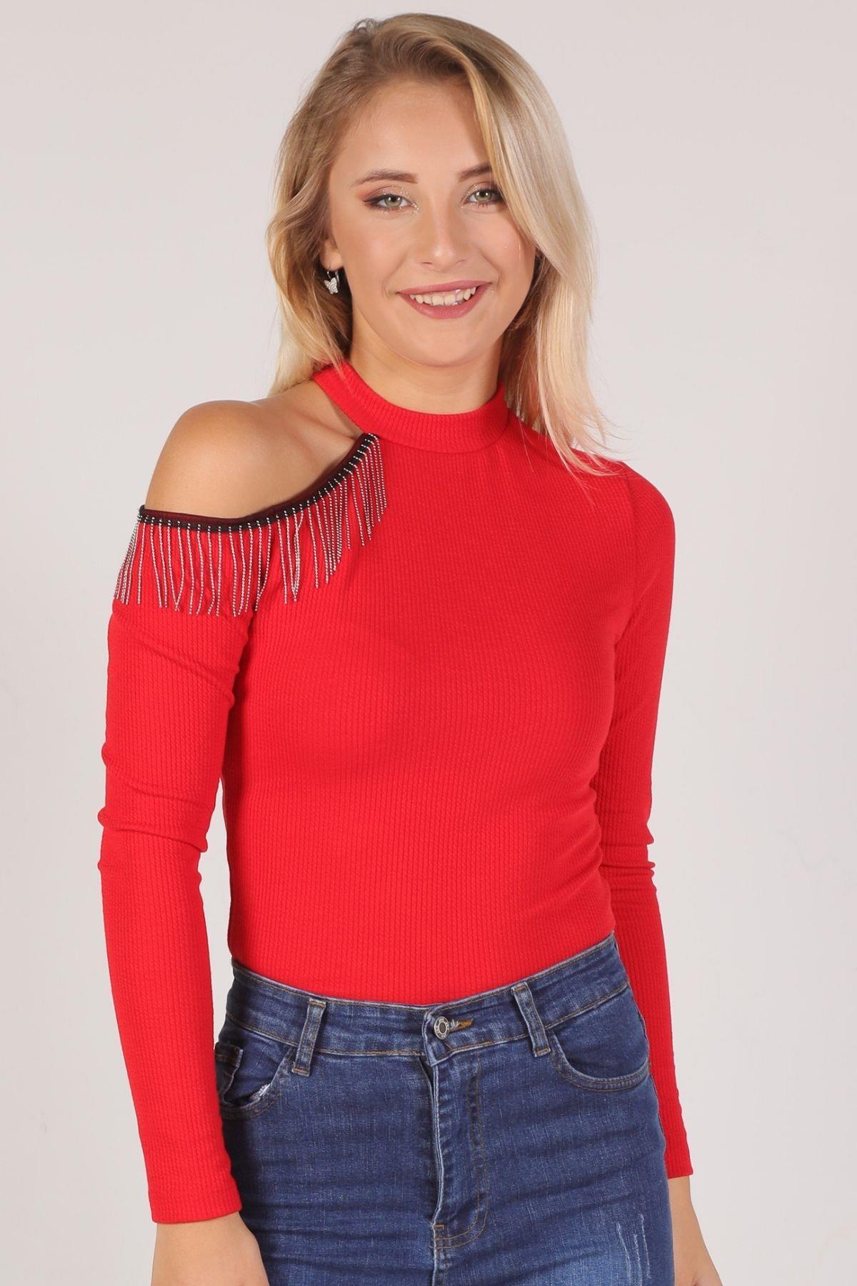 10072 Zincir Detaylı Bluz Kırmızı - 3