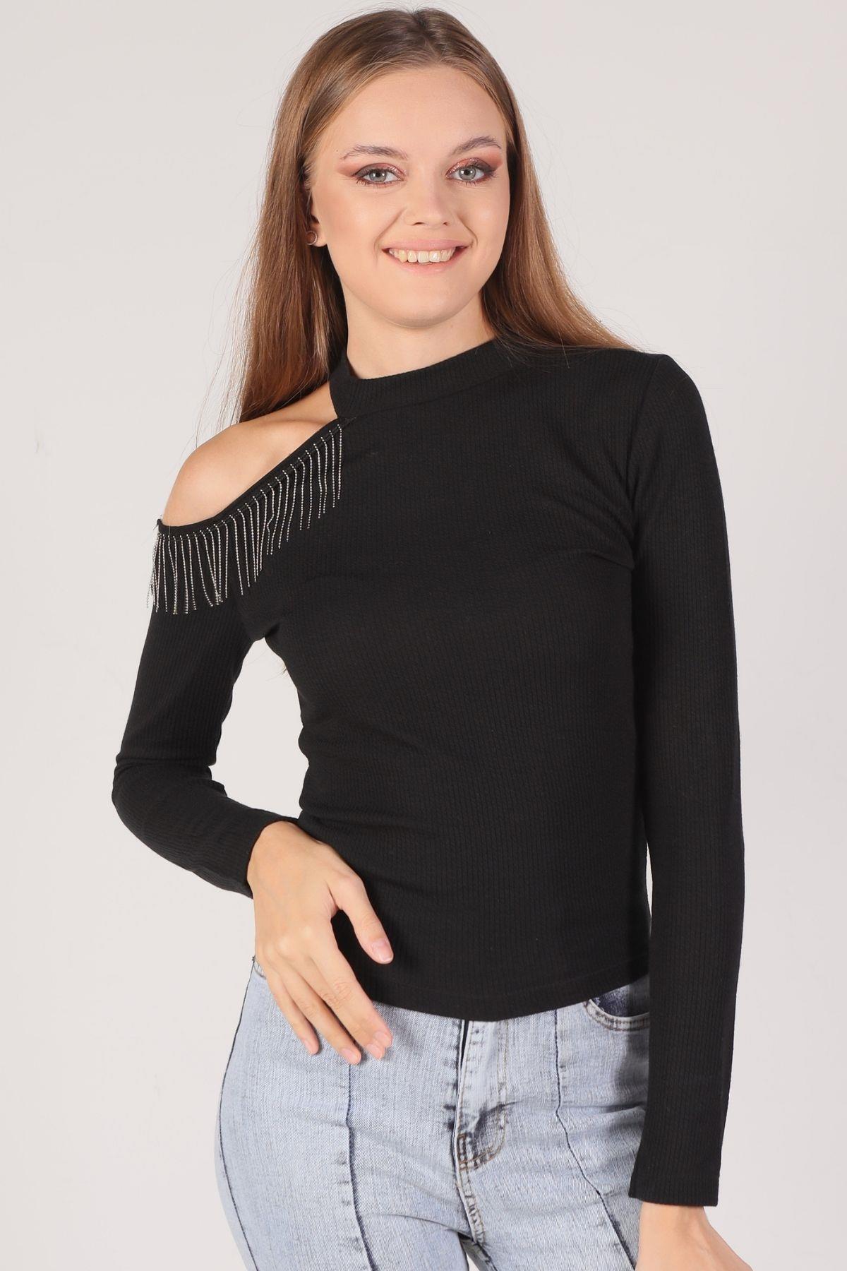 Siyah Zincir Detaylı Bluz 10072 - 2