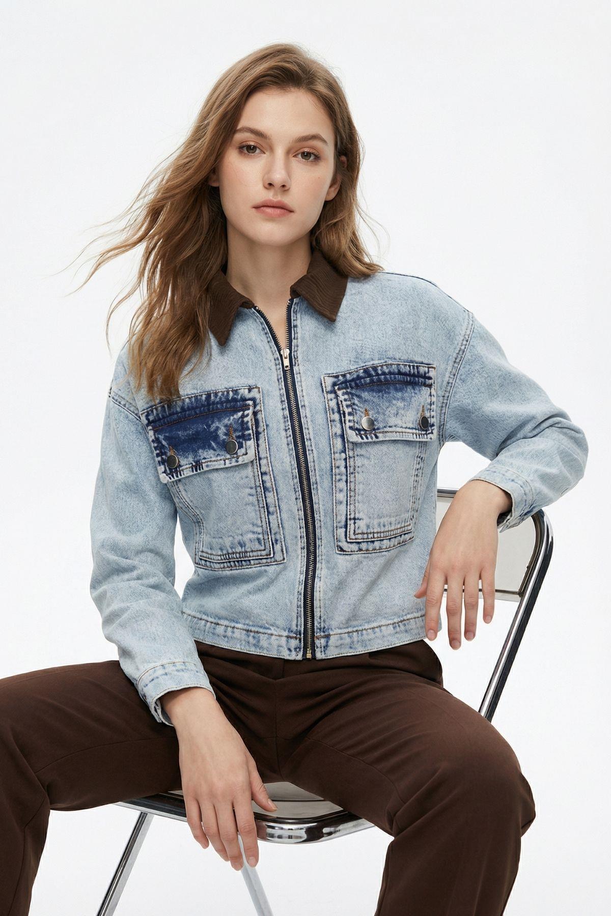 1009 Fermuarlı Kot Ceket Buz Mavisi 