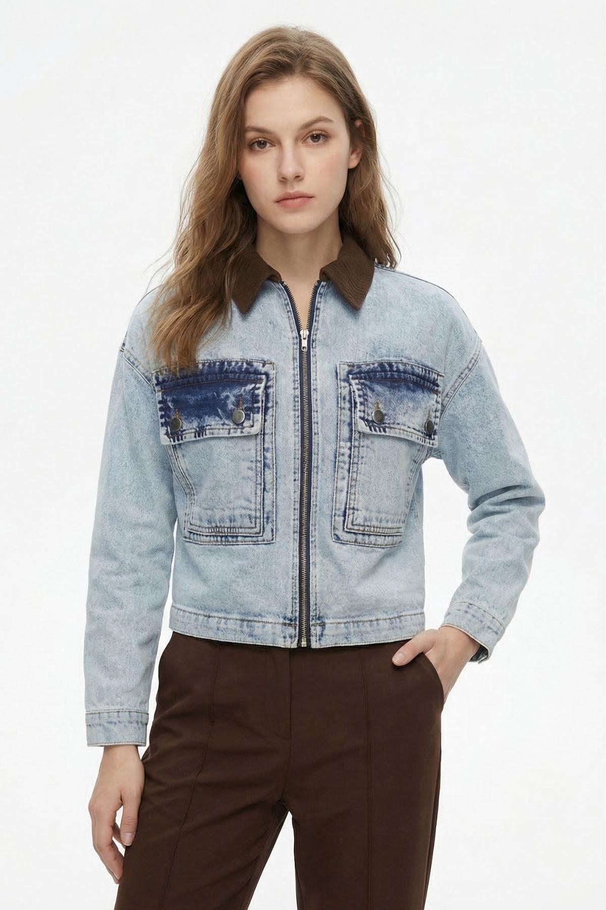 1009 Fermuarlı Kot Ceket Buz Mavisi - 2