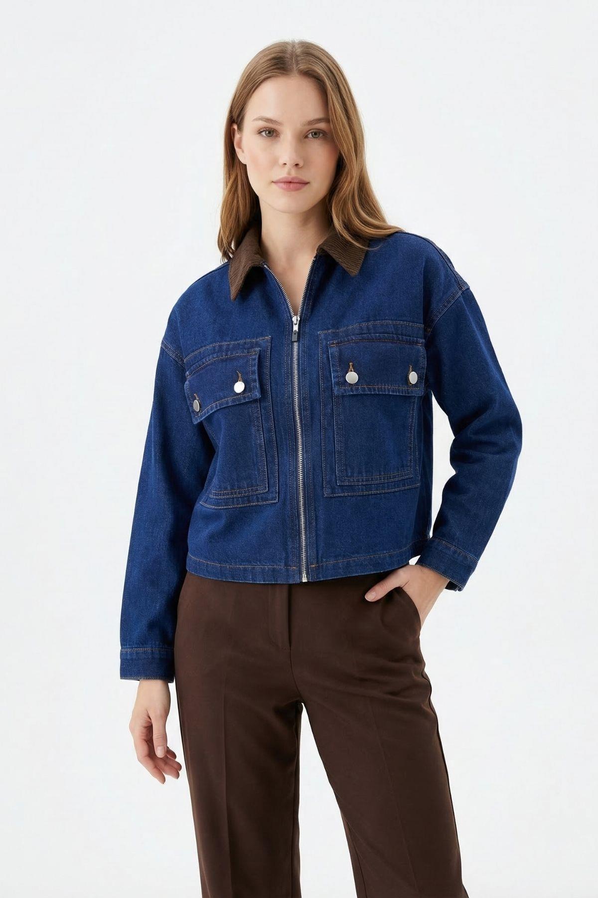 1009 Fermuarlı Kot Ceket Koyu Mavi - 1