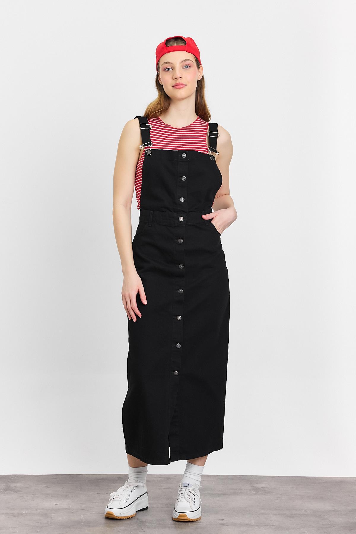 1010 Ön Düğmeli Salopet Siyah 