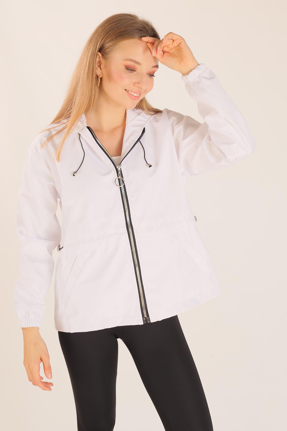 10011 Bel Lastik Detay Ceket Beyaz - 3