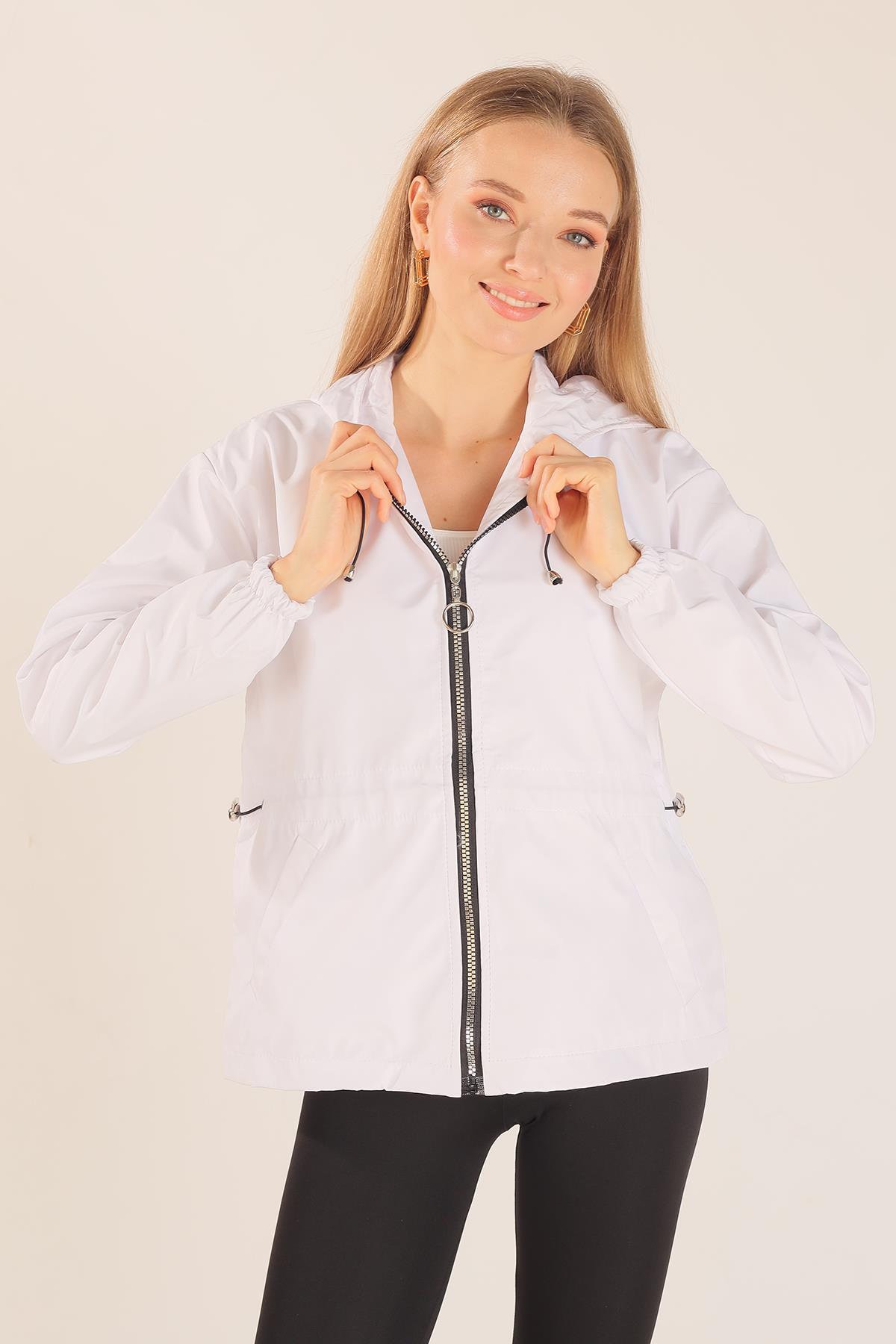 10011 Bel Lastik Detay Ceket Beyaz - 4