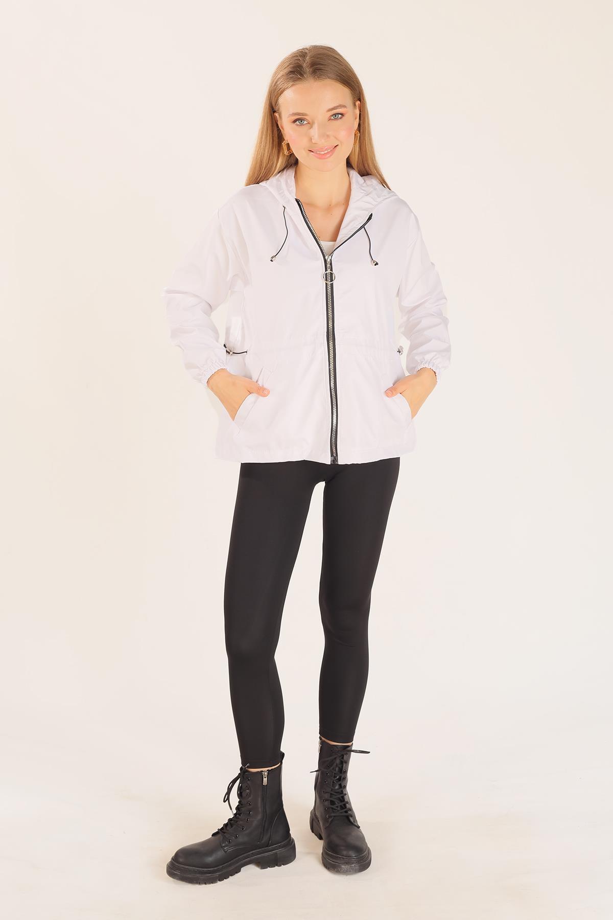 Beyaz Bel Lastik Detay Ceket 10011 - 2