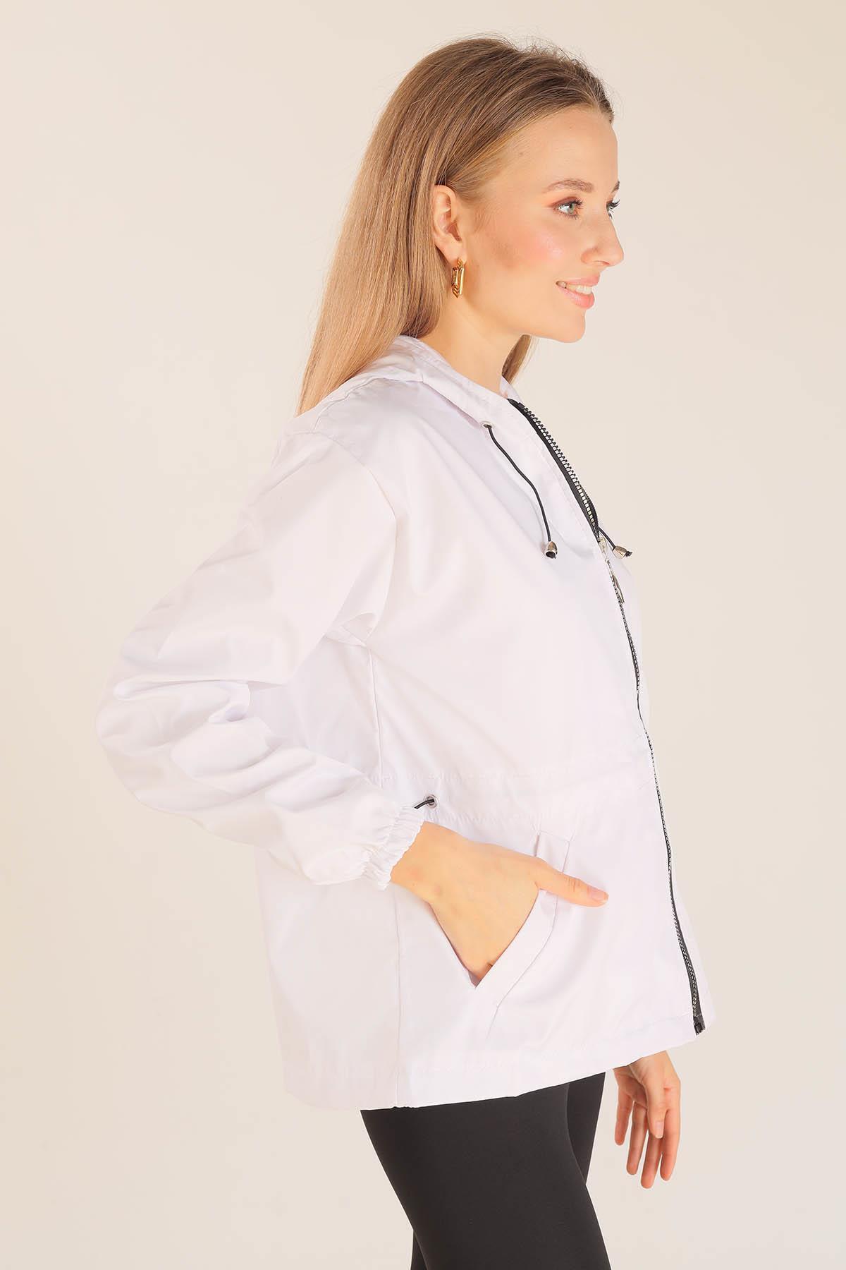 Beyaz Bel Lastik Detay Ceket 10011 - 5