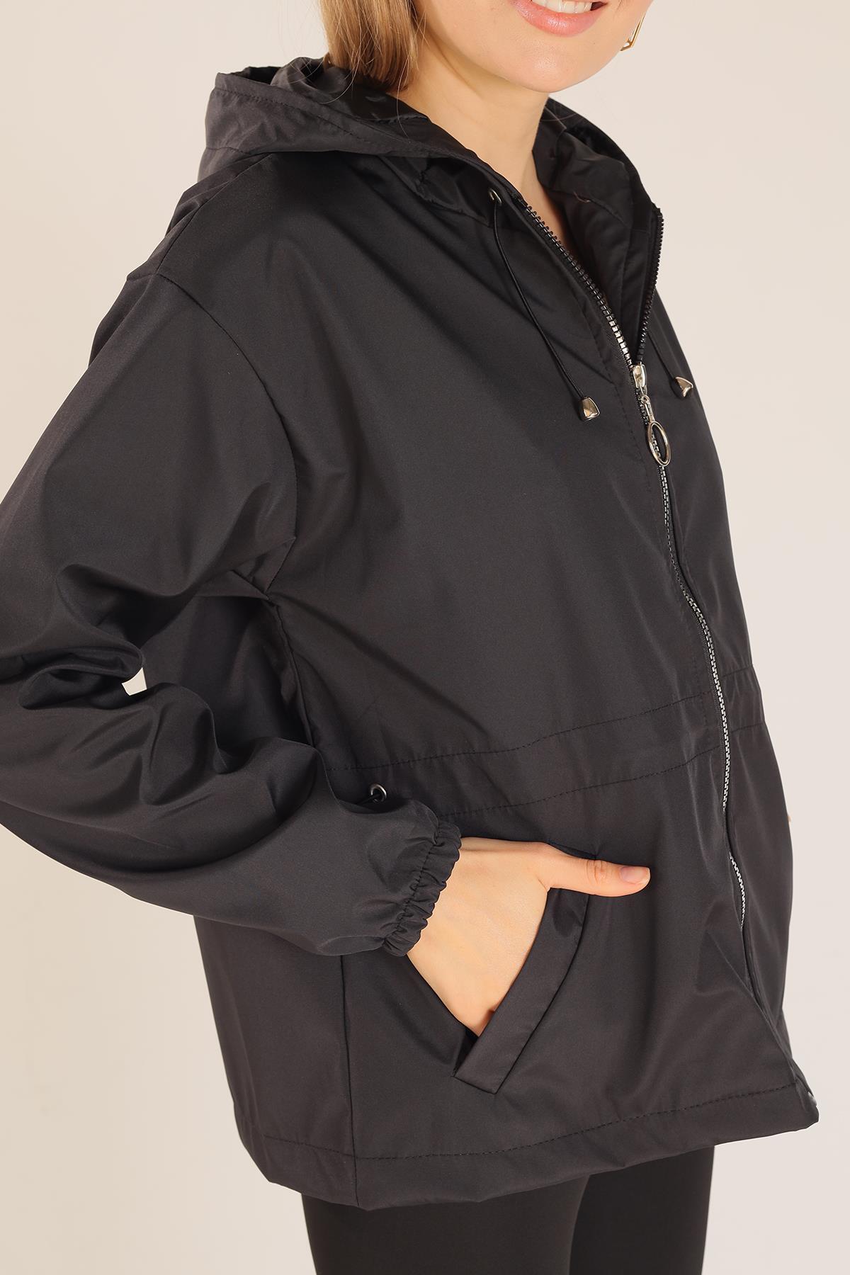 10011 Bel Lastik Detay Ceket Siyah - 3