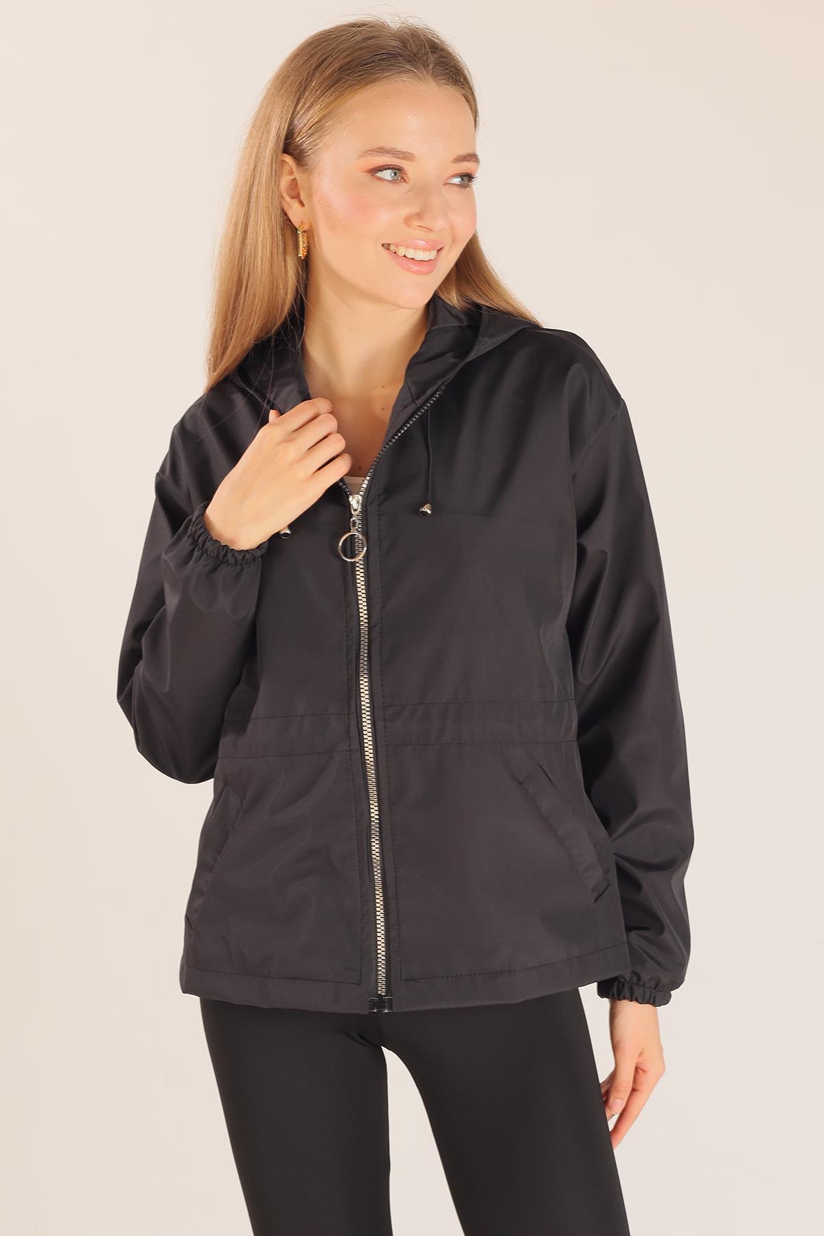 Siyah Bel Lastik Detay Ceket 10011 - 1