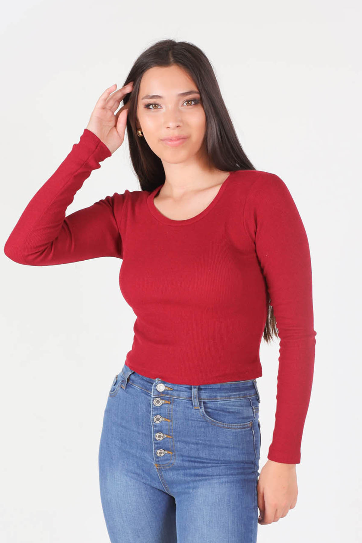 1011 Bisiklet Yaka Bluz Bordo - 2