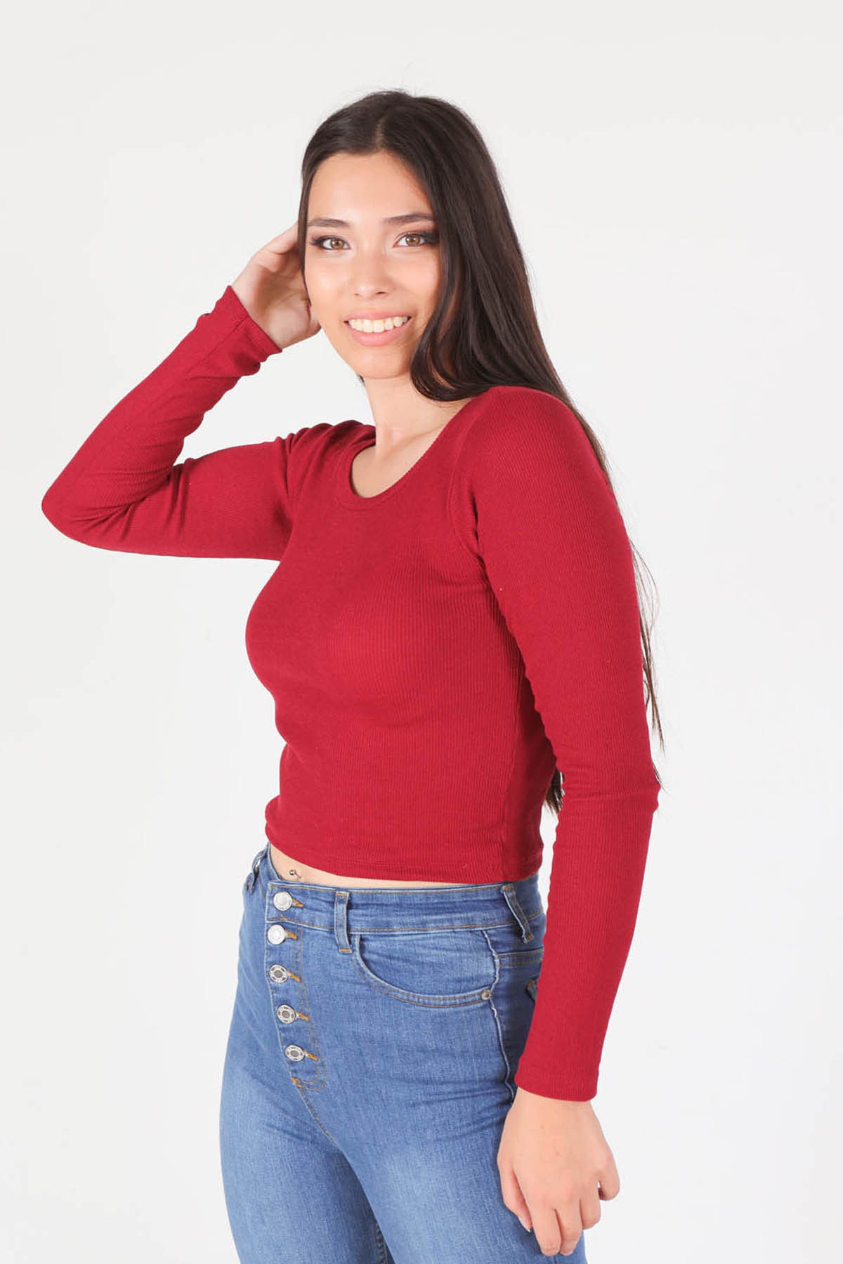 1011 Bisiklet Yaka Bluz Bordo - 3