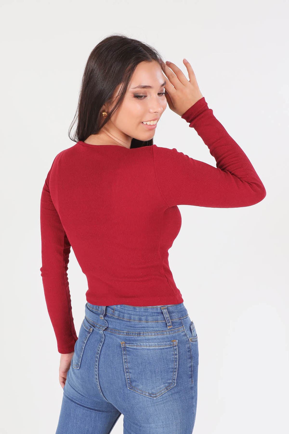 1011 Bisiklet Yaka Bluz Bordo - 4