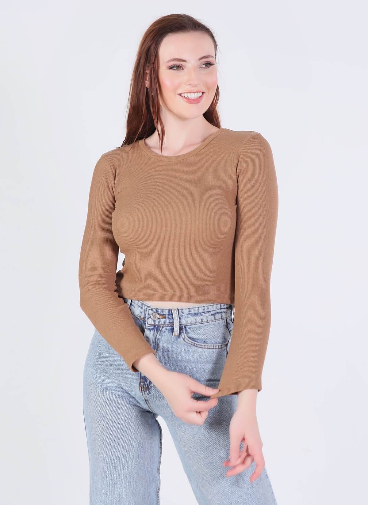 1011 Bisiklet Yaka Bluz Vizon - 1