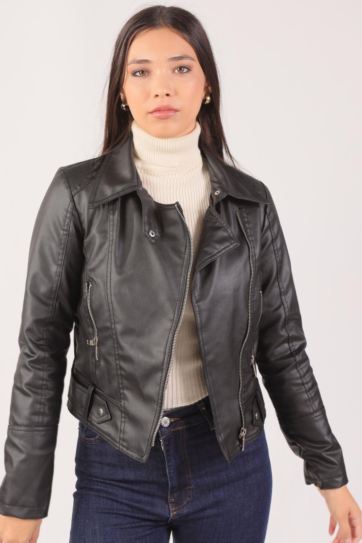 1015 Çapraz Fermuarlı Deri Ceket Siyah - 2
