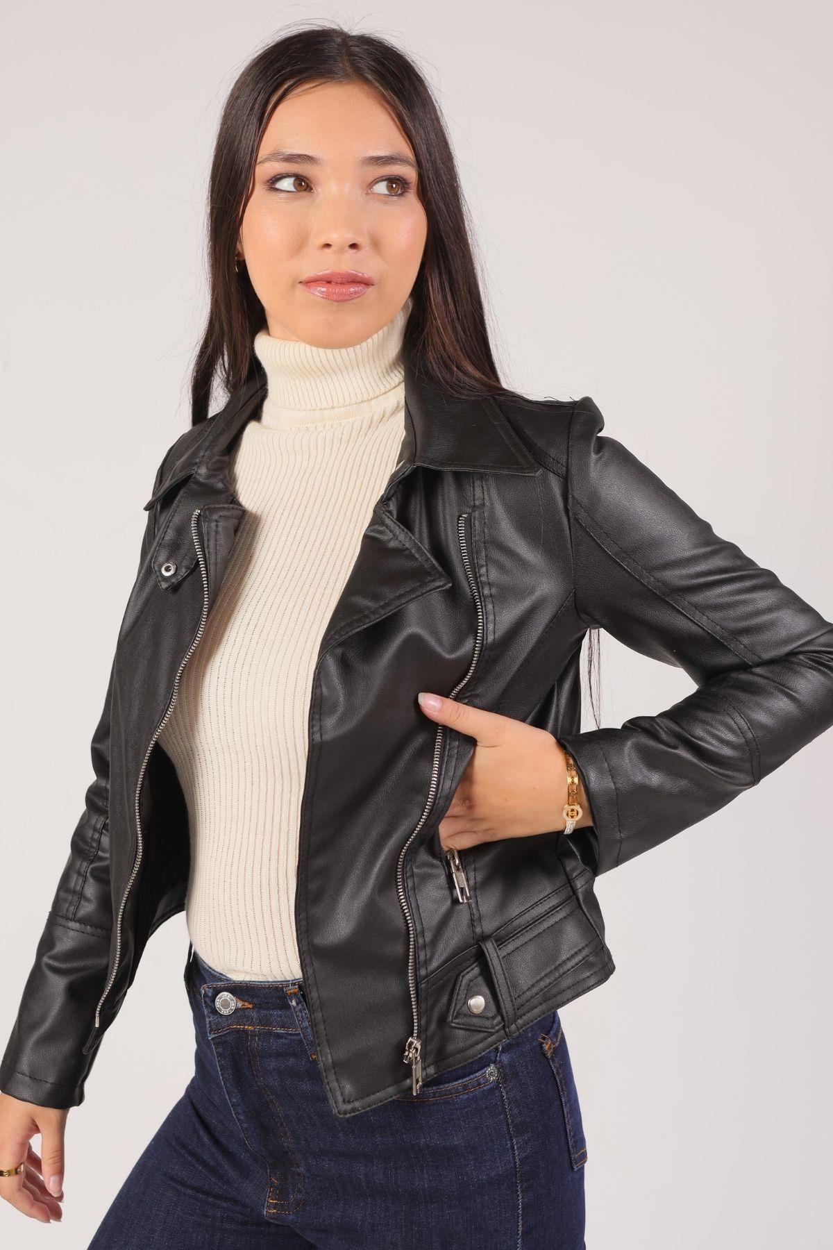 1015 Çapraz Fermuarlı Deri Ceket Siyah - 3