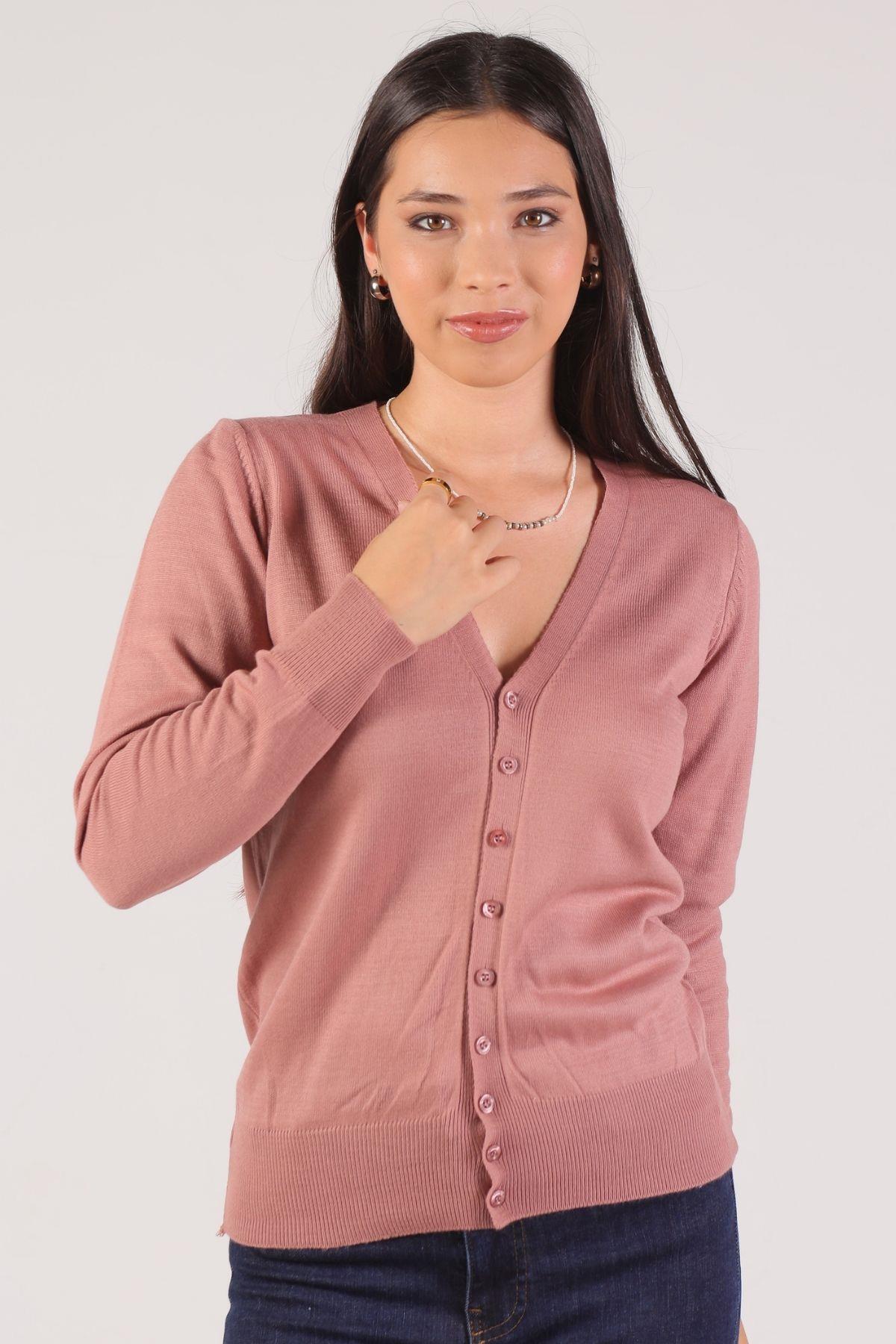 1015 Önü Düğmeli Hırka Gül - 2