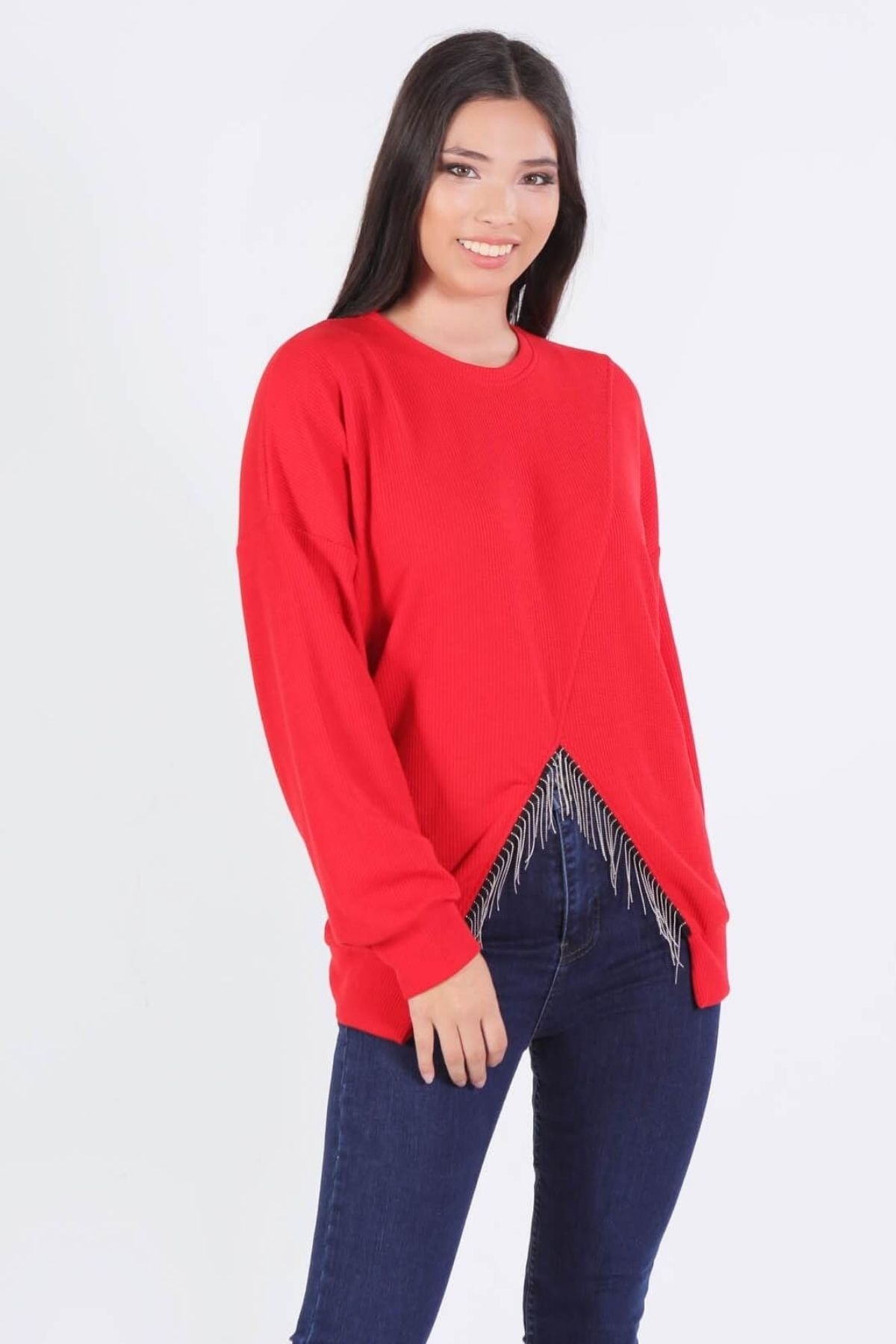 Kırmızı Önü Zincir Detay Bluz 10169 