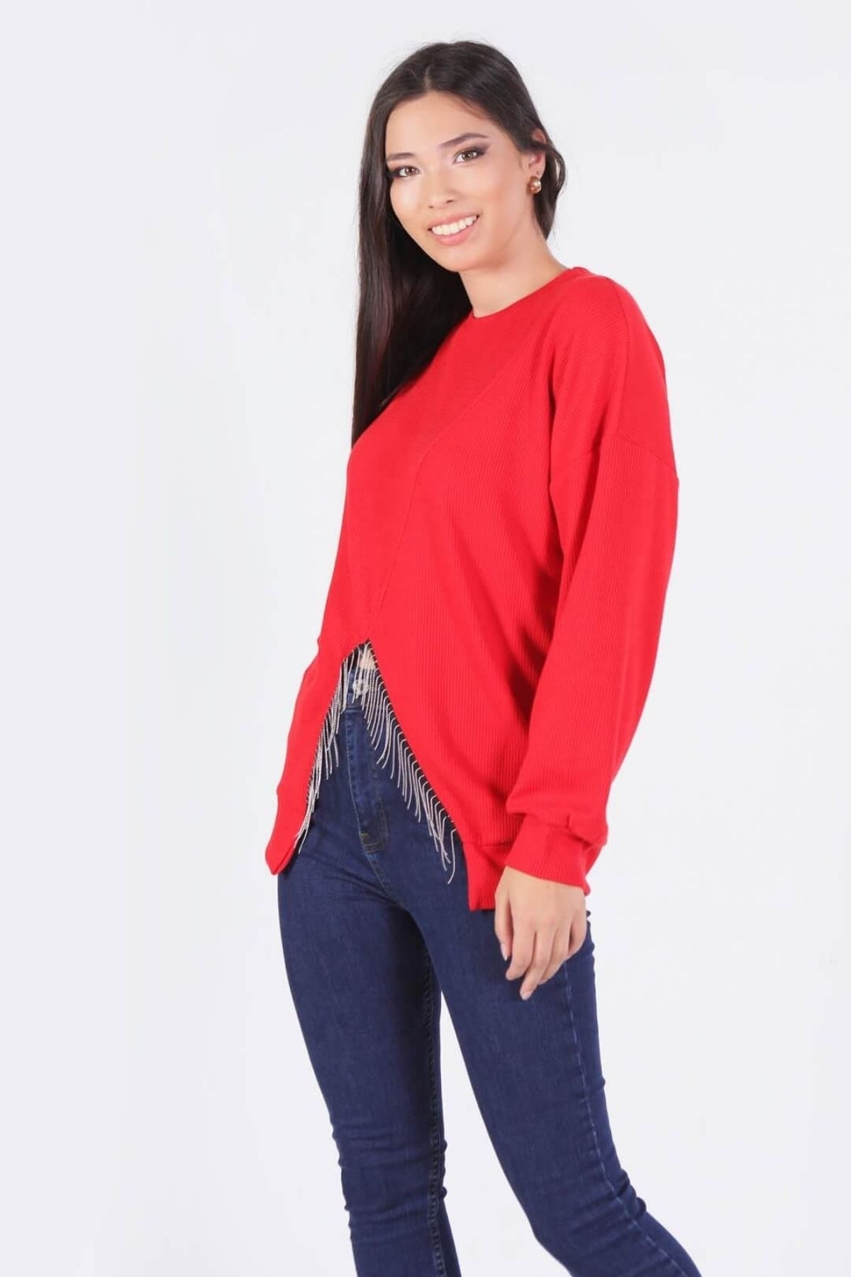 Kırmızı Önü Zincir Detay Bluz 10169 - 3