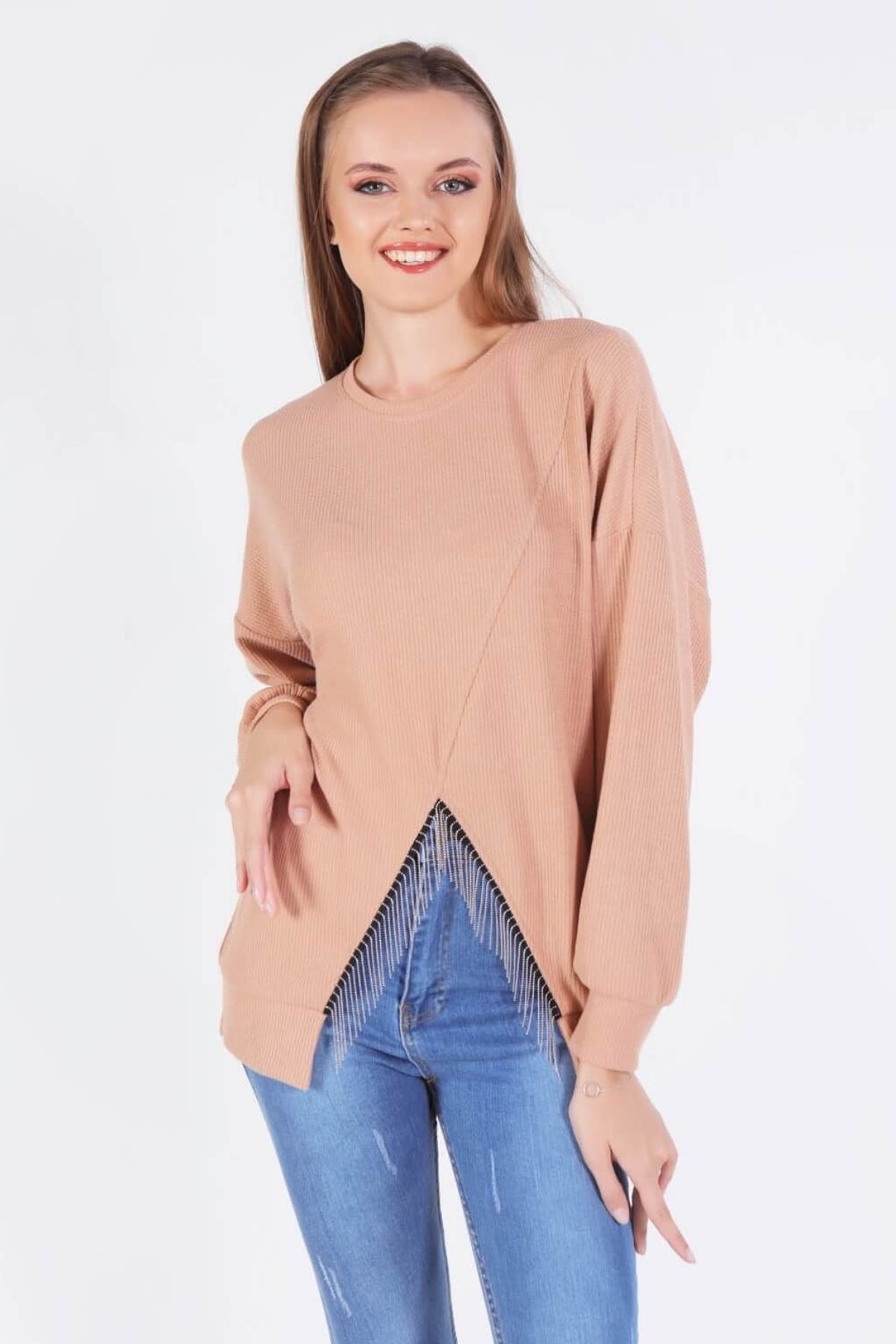 10169 Önü Zincir Detay Bluz Vizon 