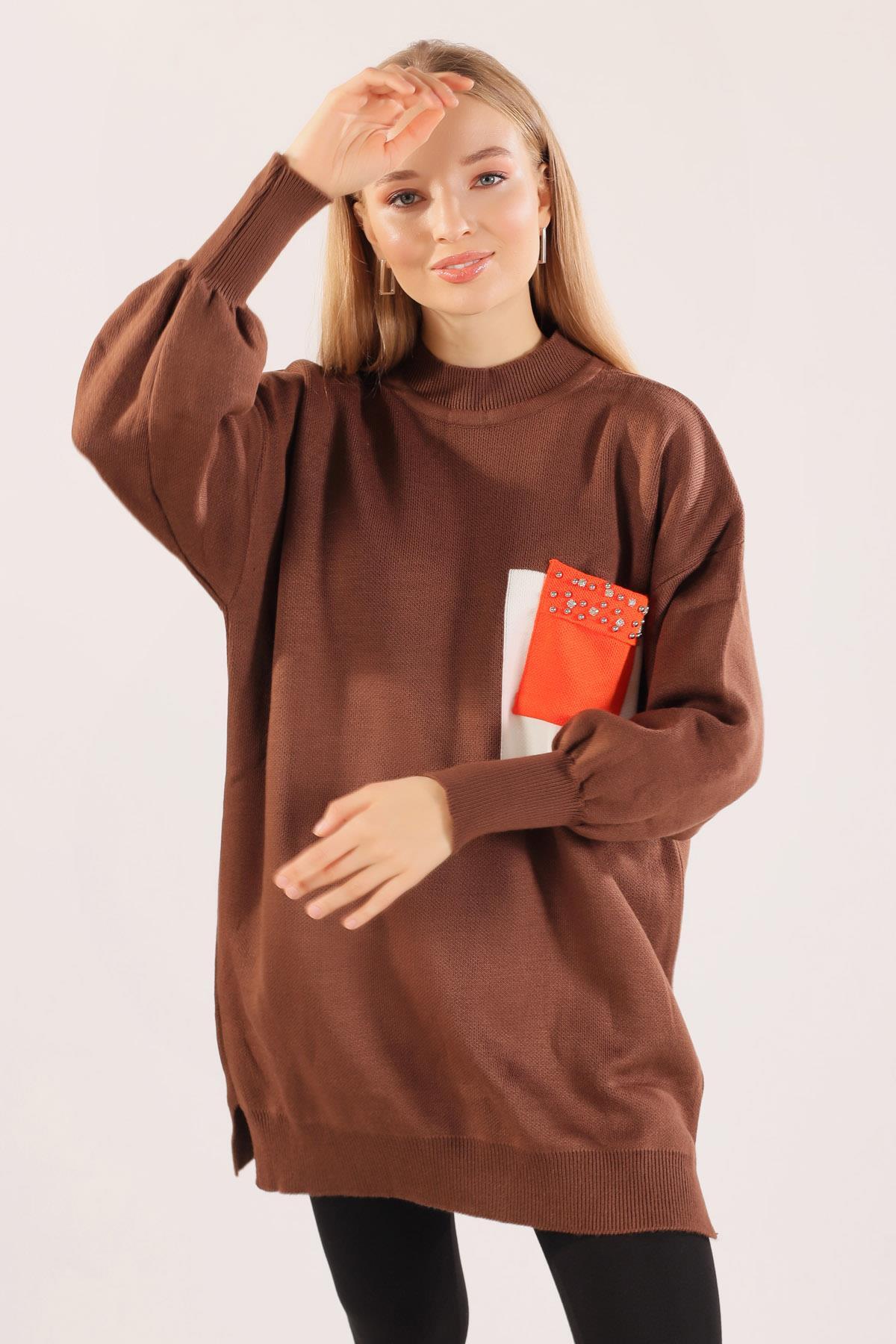 Kahve Cep Taş Detay Kazak 1017 - 3