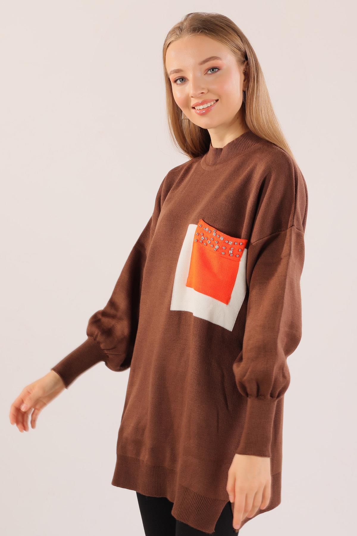 Kahve Cep Taş Detay Kazak 1017 - 4