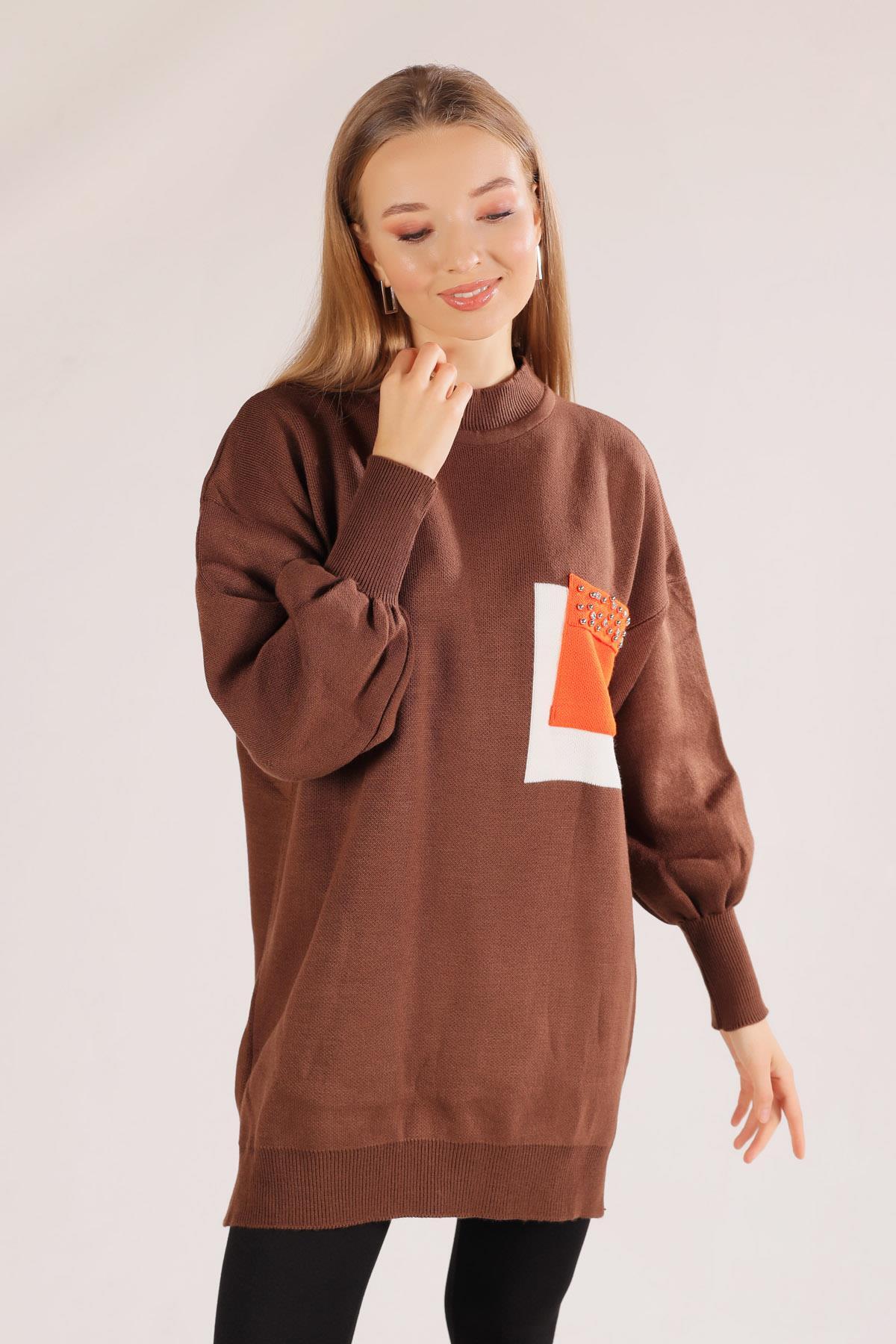 Kahve Cep Taş Detay Kazak 1017 - 5