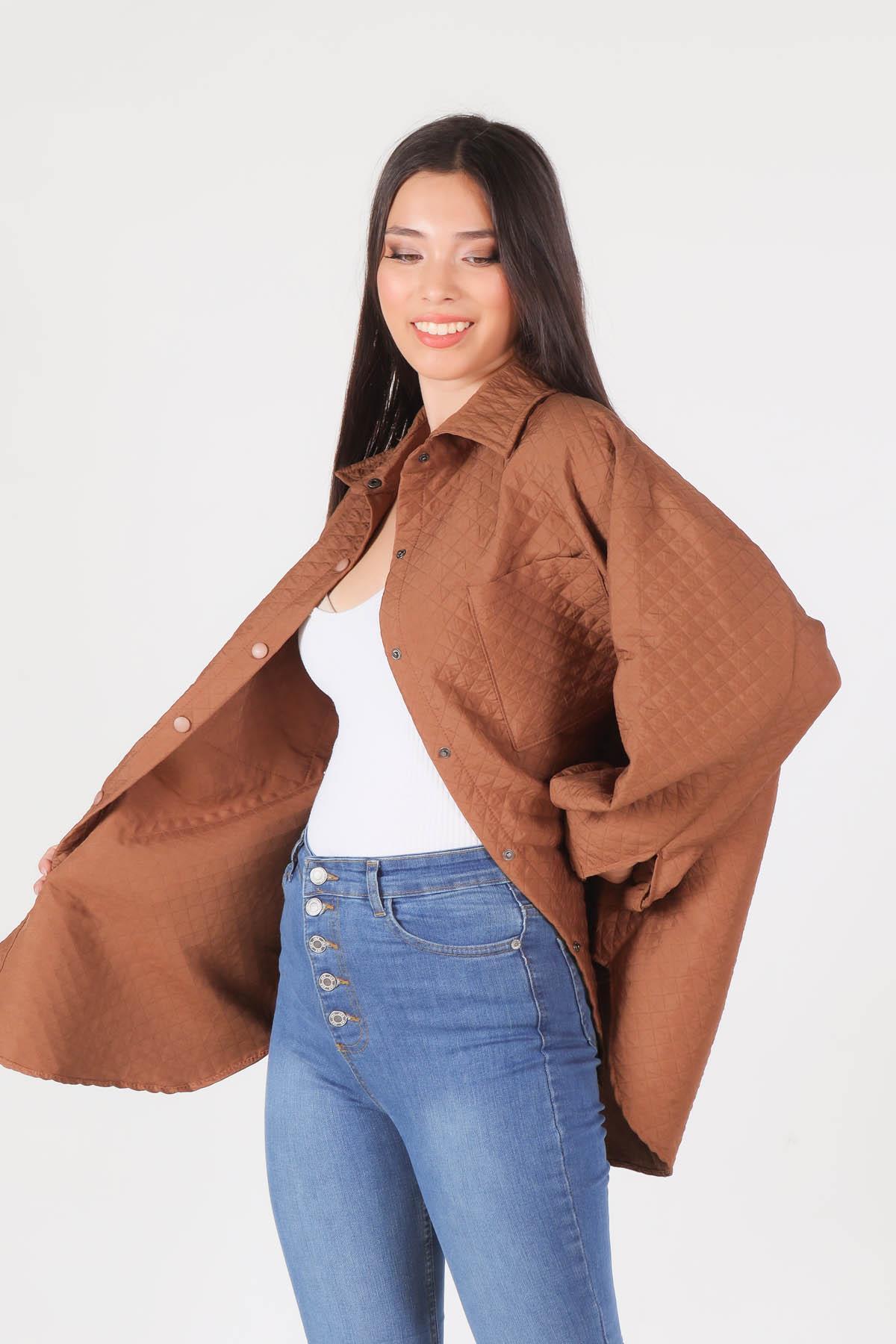 Kahve Kapitone Oversize Ceket 1017 - 5