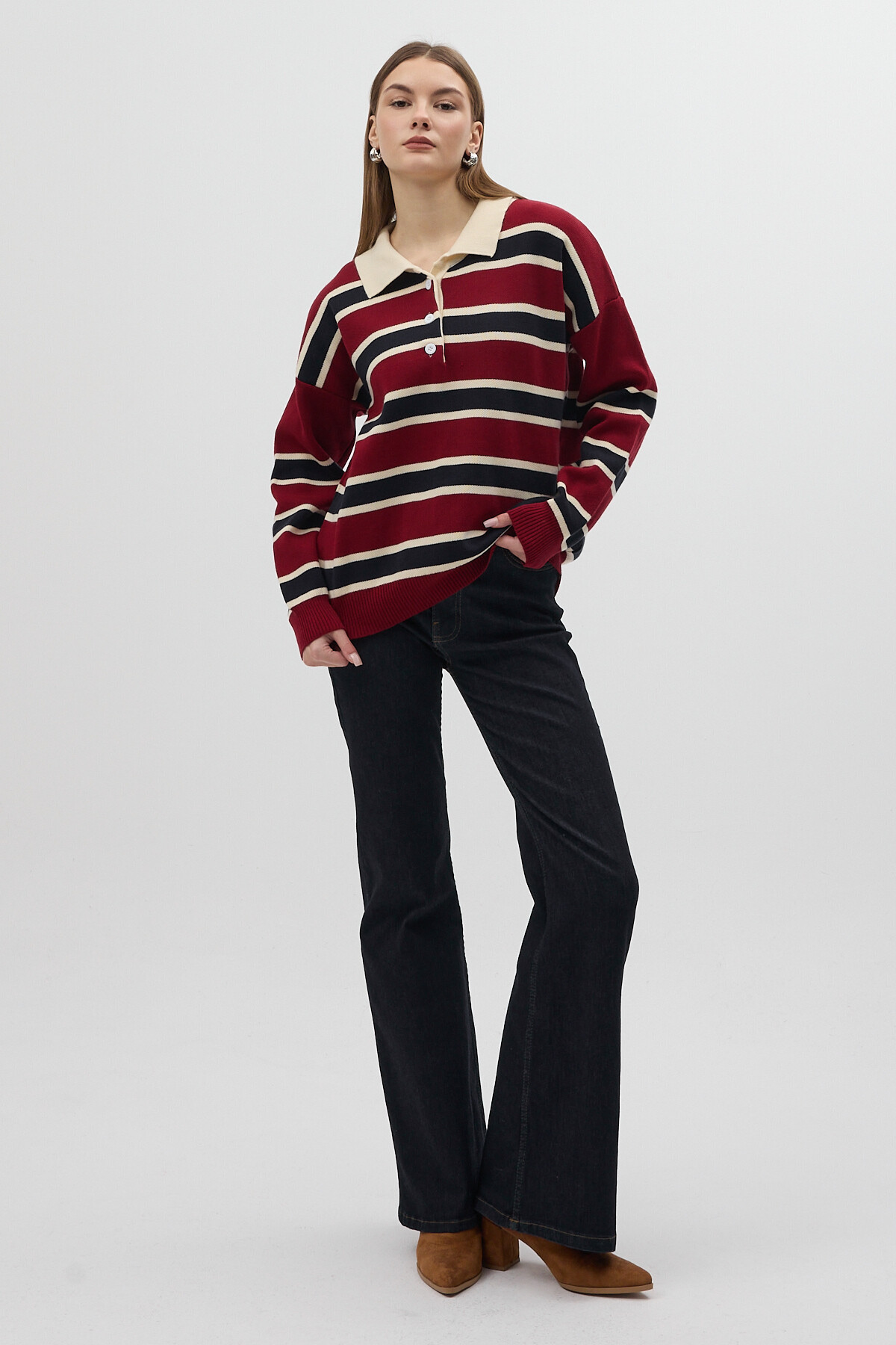 Bordo Çizgili Polo Yaka Kadın Kazak 1018 - 3